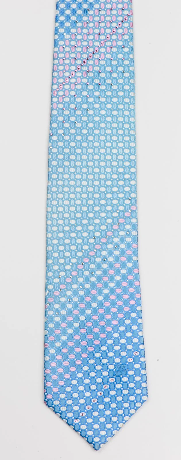 Louis Quatorze Rhinestone Neck Tie Pink & White Geometric Ovals On Blue Silk - Image 5