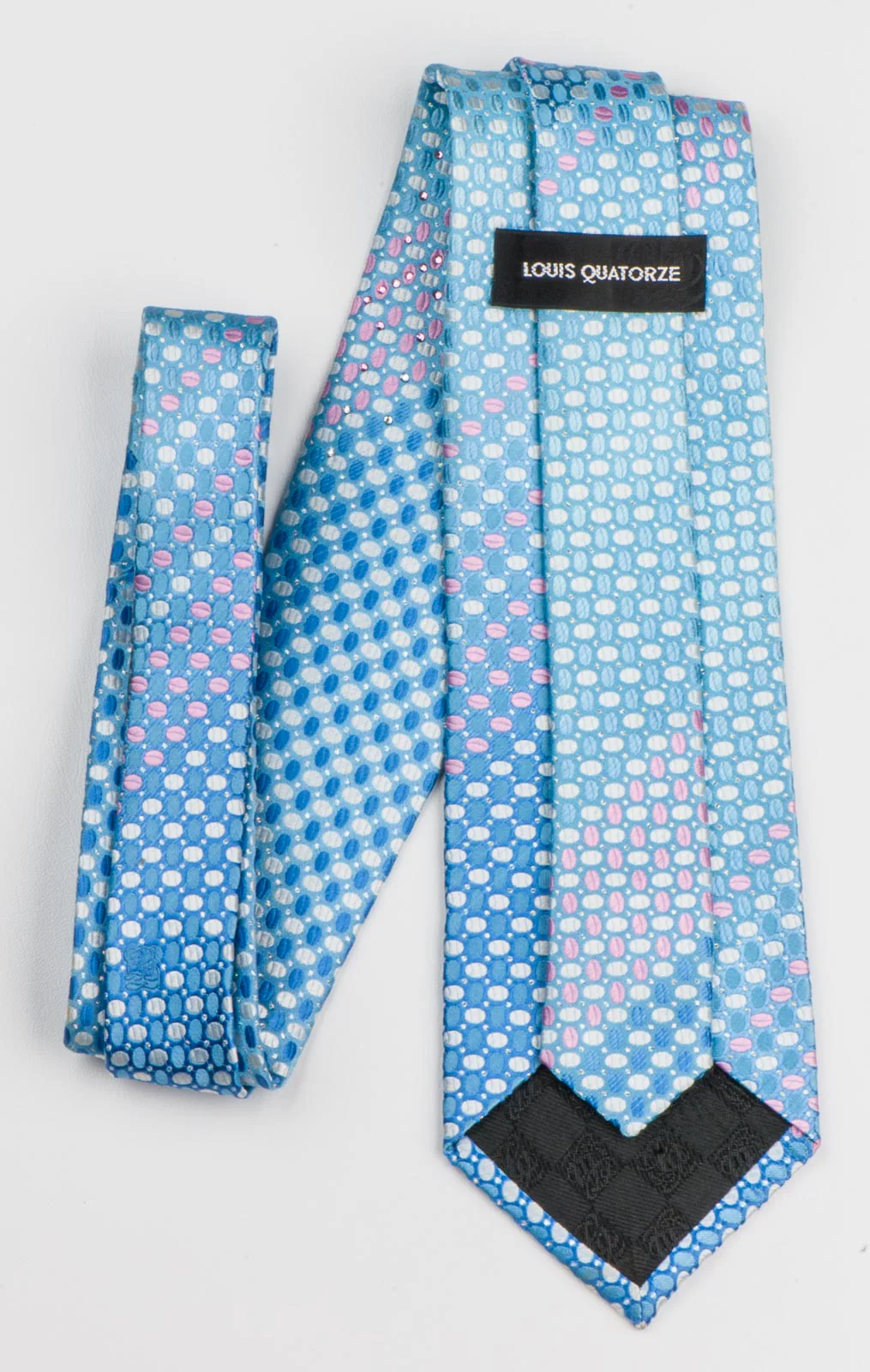 Louis Quatorze Rhinestone Neck Tie Pink & White Geometric Ovals On Blue Silk - Image 6