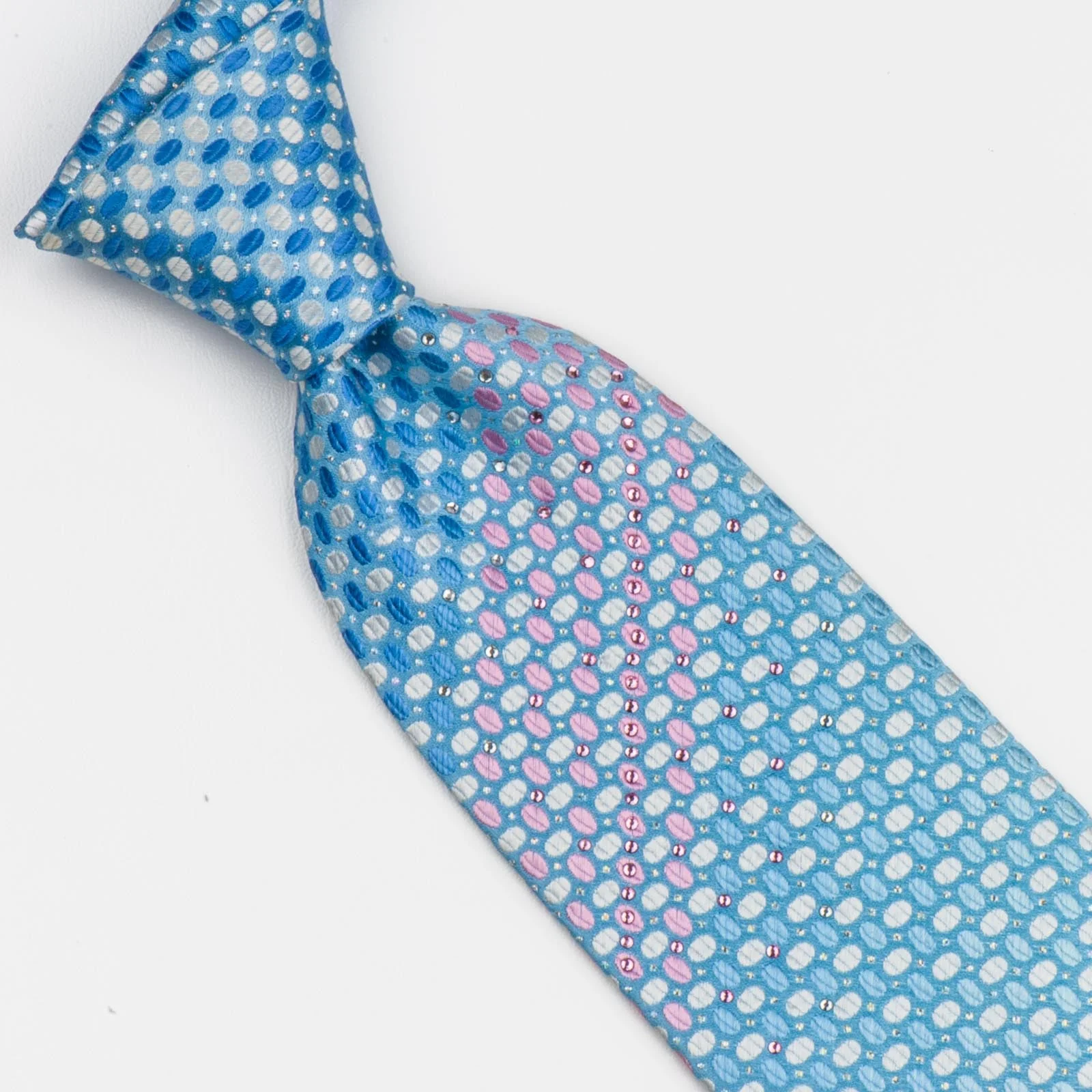 Louis Quatorze Rhinestone Neck Tie Pink & White Geometric Ovals On Blue Silk - Image 7
