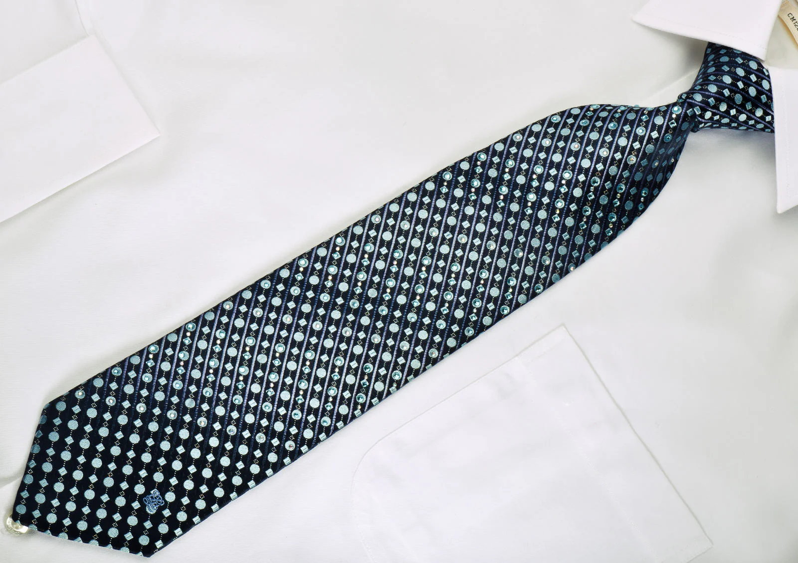 Louis Quatorze Rhinestone Necktie Dots & Stripes On Blue With Silver Sparkles - Image 2
