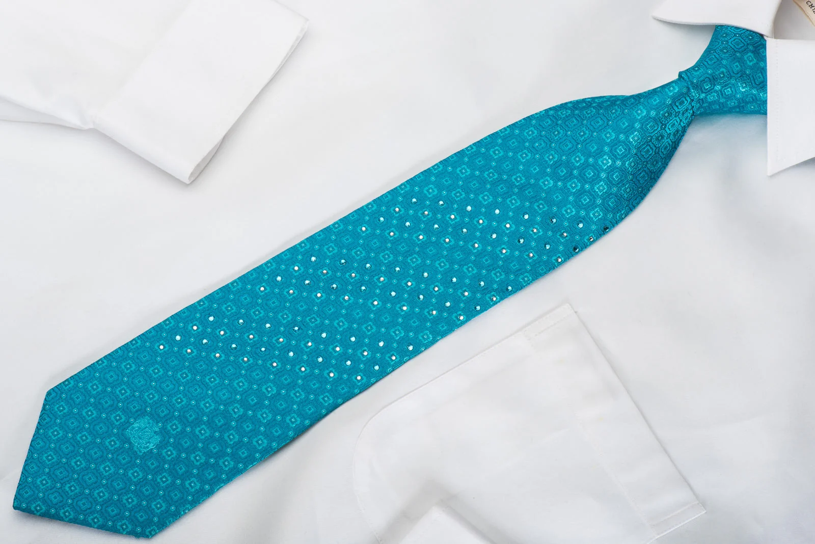 Louis Quatorze Rhinestone Silk Necktie Foulard On Teal With Silver Sparkles - Image 4