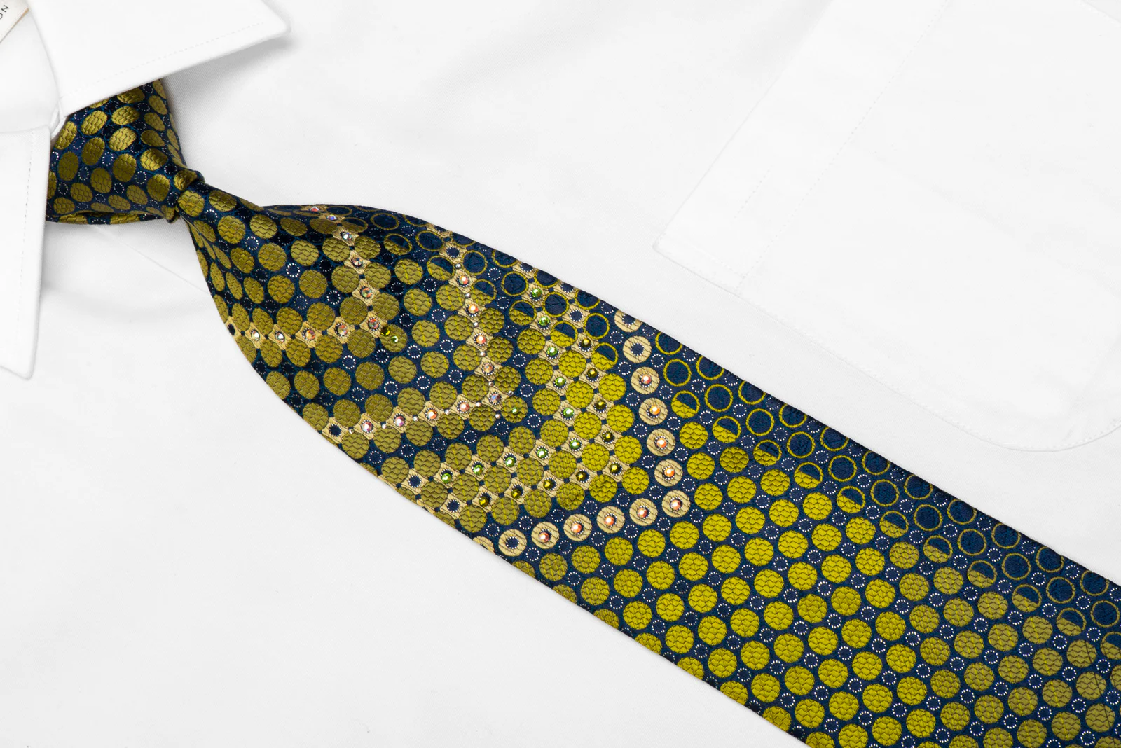 Louis Quatorze Rhinestone Silk Necktie Green Geometric On Navy With Silver Sparkles - Image 2