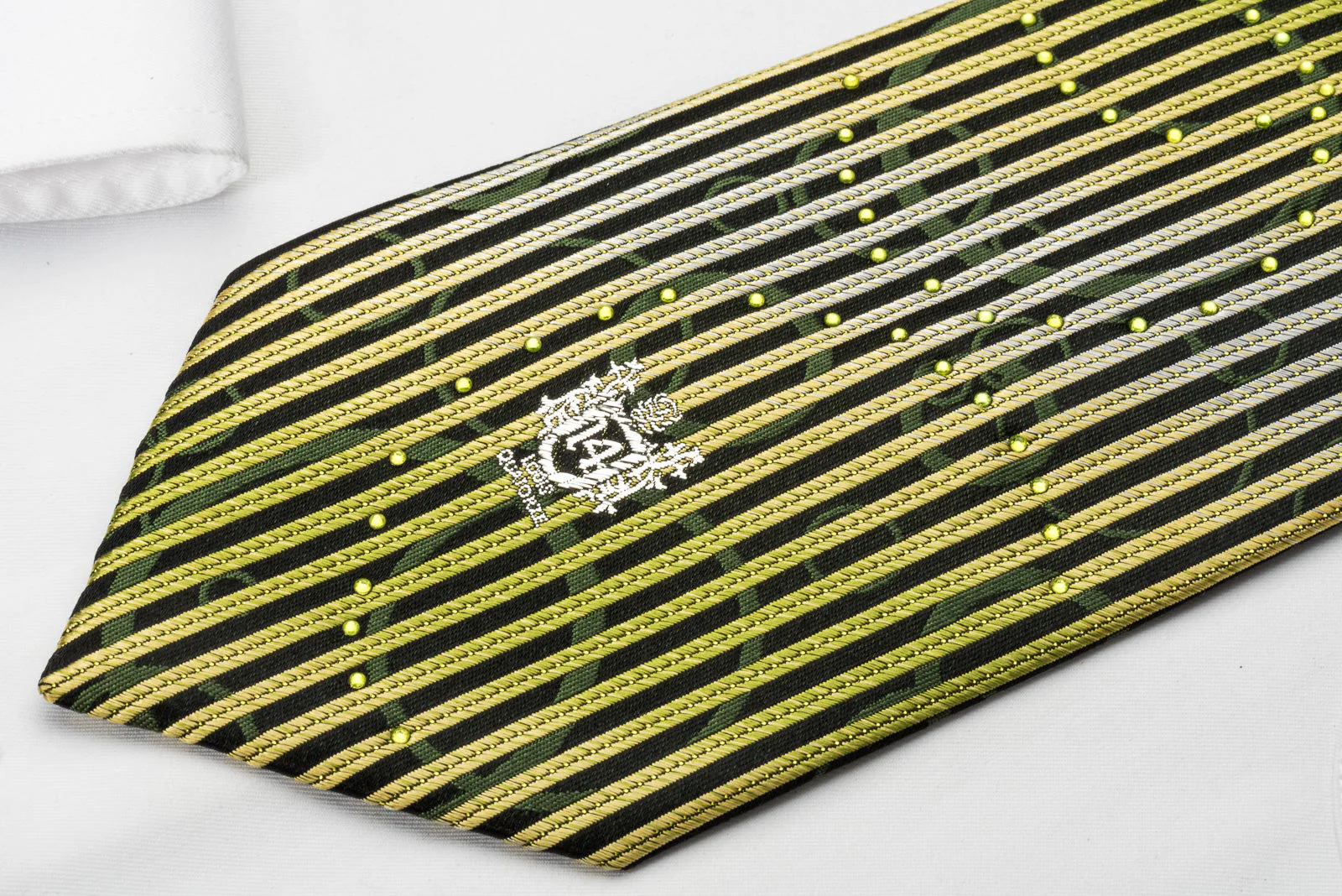 Louis Quatorze Rhinestone Silk Necktie Green Vertical Stripes On Black With Green Sparkles - Image 5