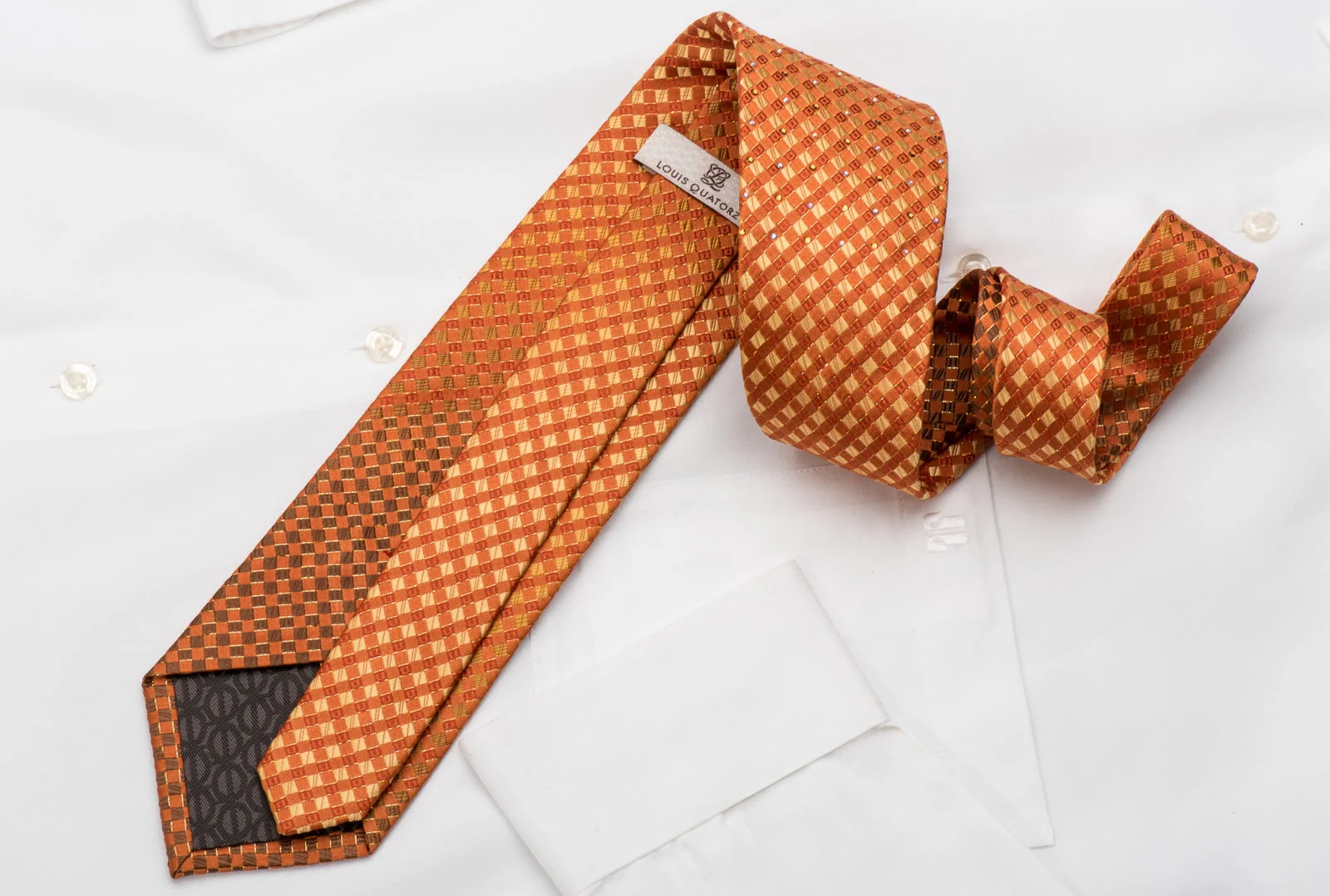Louis Quatorze Rhinestone Silk Necktie Orange Yellow Checkered With Silver Sparkles - Image 4