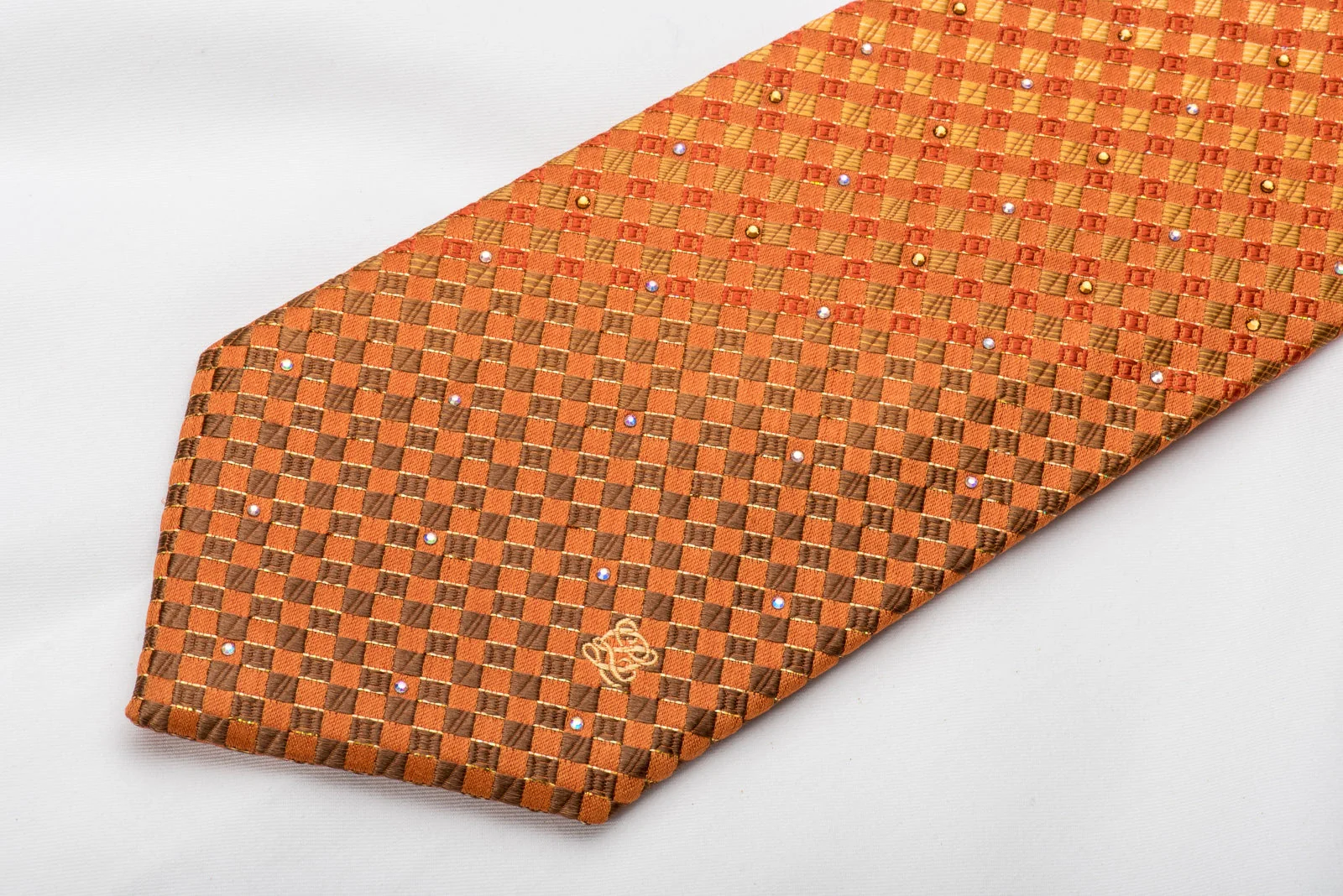 Louis Quatorze Rhinestone Silk Necktie Orange Yellow Checkered With Silver Sparkles - Image 5