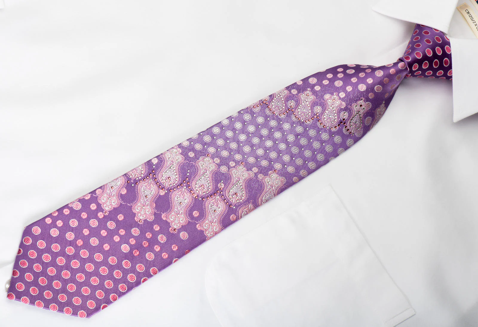 Louis Quatorze Rhinestone Silk Necktie Pink Dots On Purple With Silver Sparkles - Image 2
