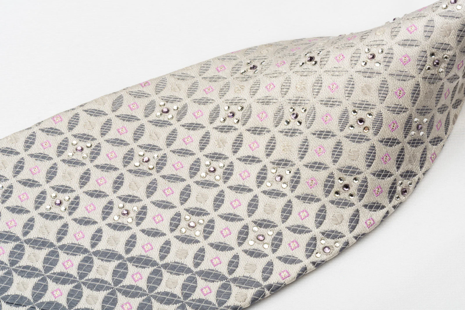 Louis Quatorze Rhinestone Silk Necktie Silver Geometric On White With Silver Sparkles - Image 3