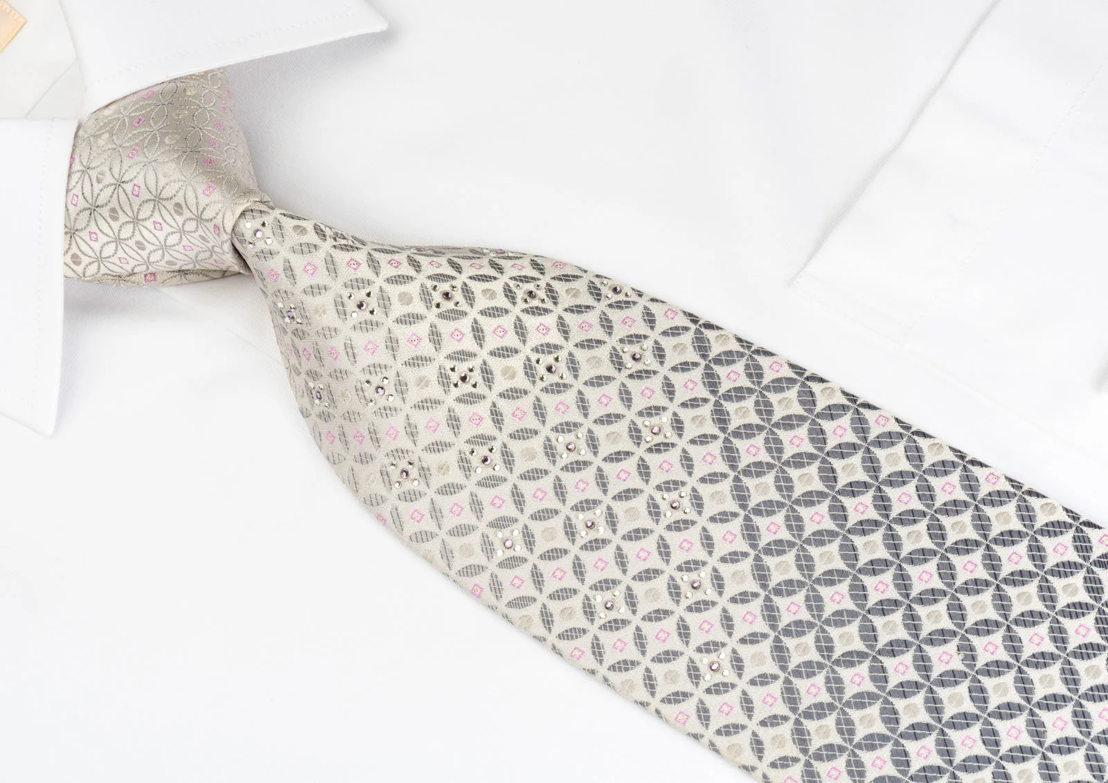 Louis Quatorze Rhinestone Silk Necktie Silver Geometric On White With Silver Sparkles - Image 4