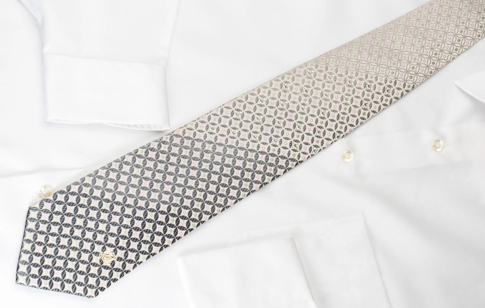 Louis Quatorze Rhinestone Silk Necktie Silver Geometric On White With Silver Sparkles - Image 6