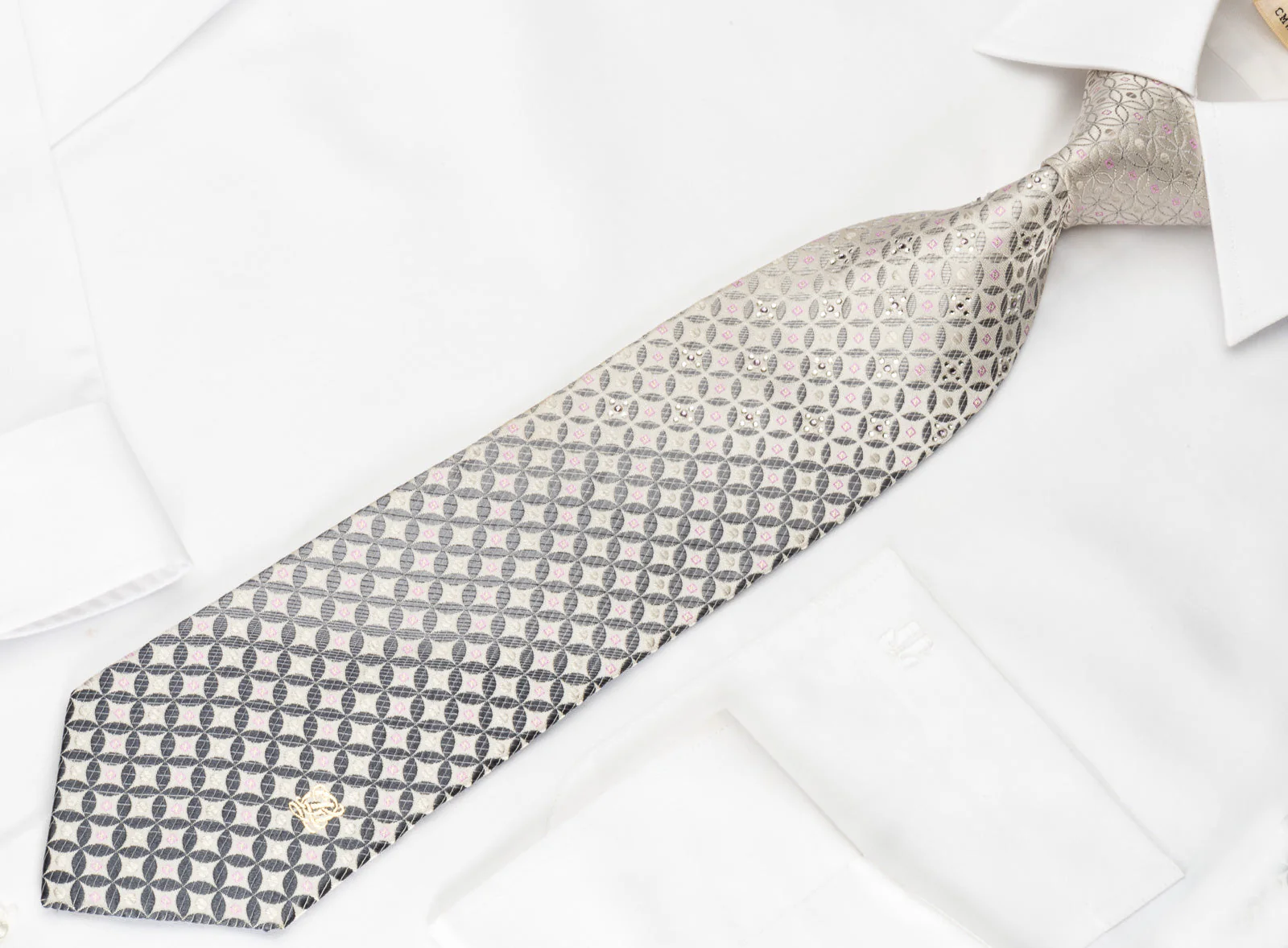 Louis Quatorze Rhinestone Silk Necktie Silver Geometric On White With Silver Sparkles - Image 7