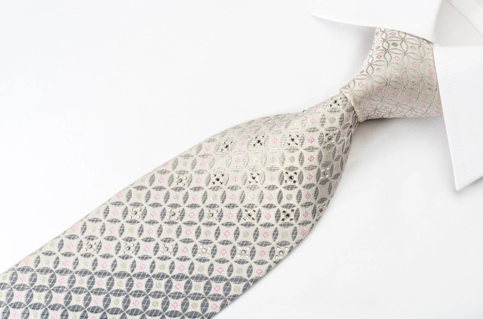 Louis Quatorze Rhinestone Silk Necktie Silver Geometric On White With Silver Sparkles - Image 8