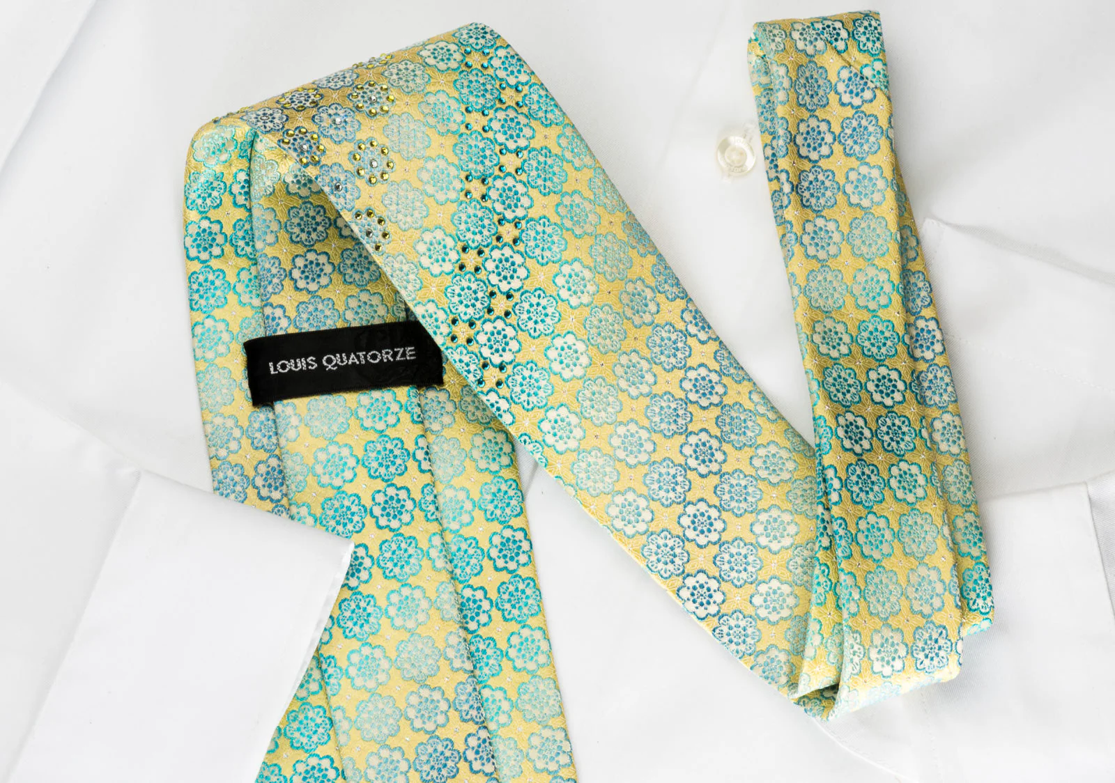 Louis Quatorze Rhinestone Silk Necktie Turquoise Foulard On Lime Green With Silver Sparkles - Image 3
