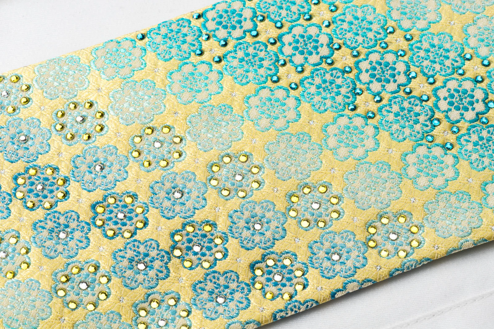 Louis Quatorze Rhinestone Silk Necktie Turquoise Foulard On Lime Green With Silver Sparkles - Image 5