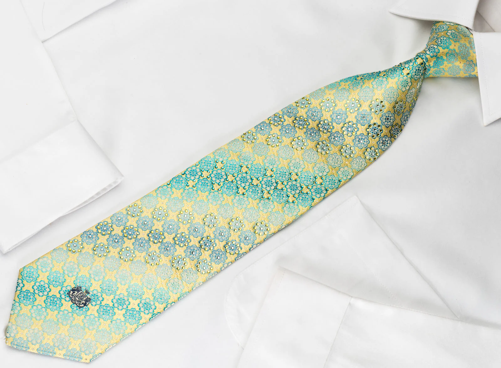 Louis Quatorze Rhinestone Silk Necktie Turquoise Foulard On Lime Green With Silver Sparkles - Image 7