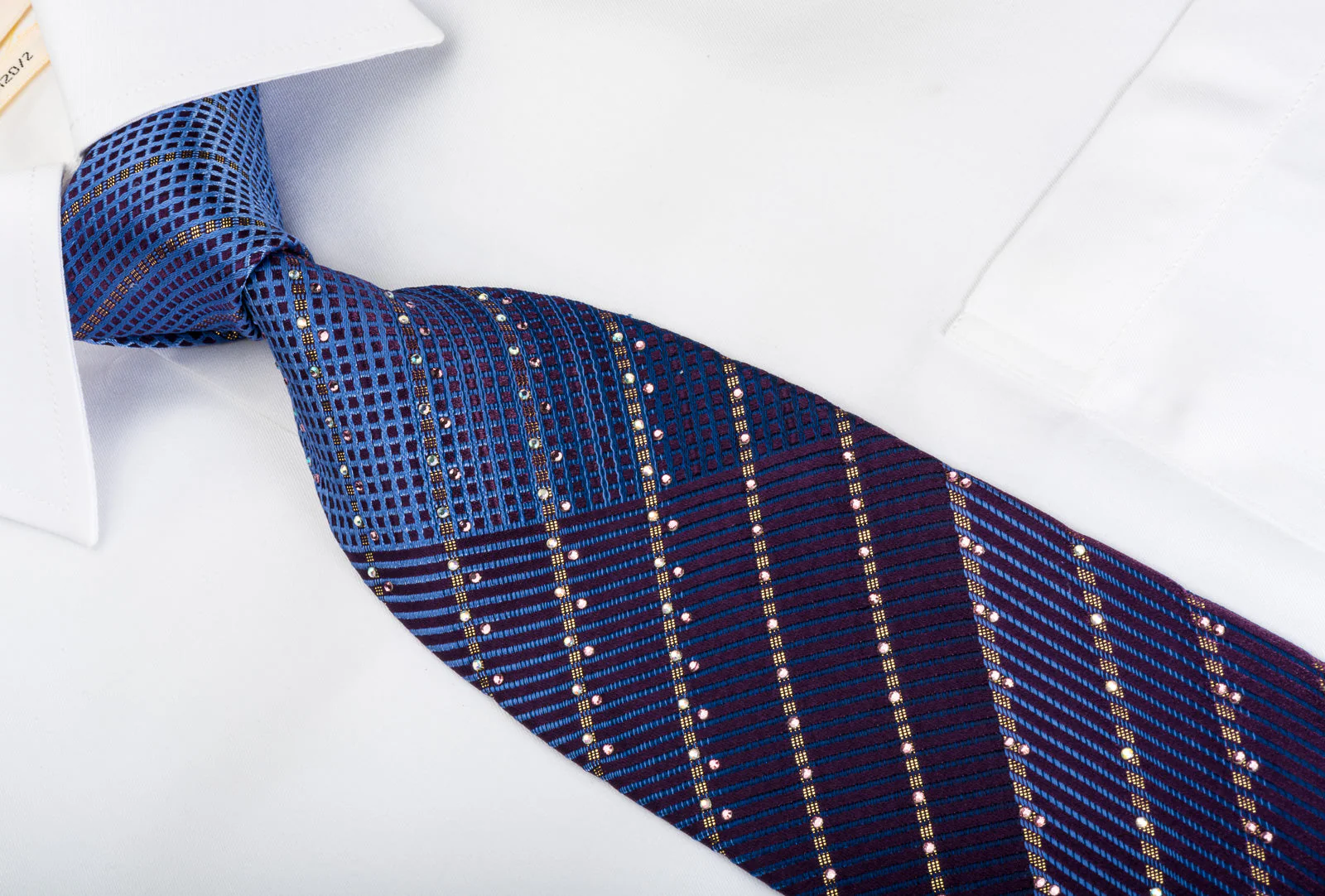 Louis Quatorze Rhinestone Silk Tie Sparkling Golden Striped On Blue Purple - Image 4