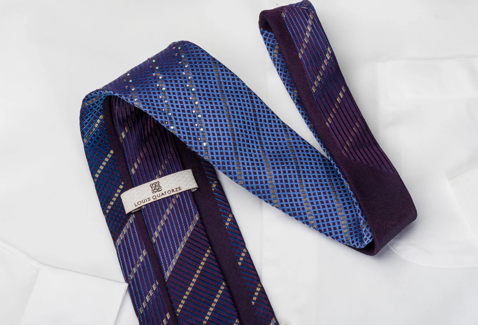 Louis Quatorze Rhinestone Silk Tie Sparkling Golden Striped On Blue Purple - Image 5