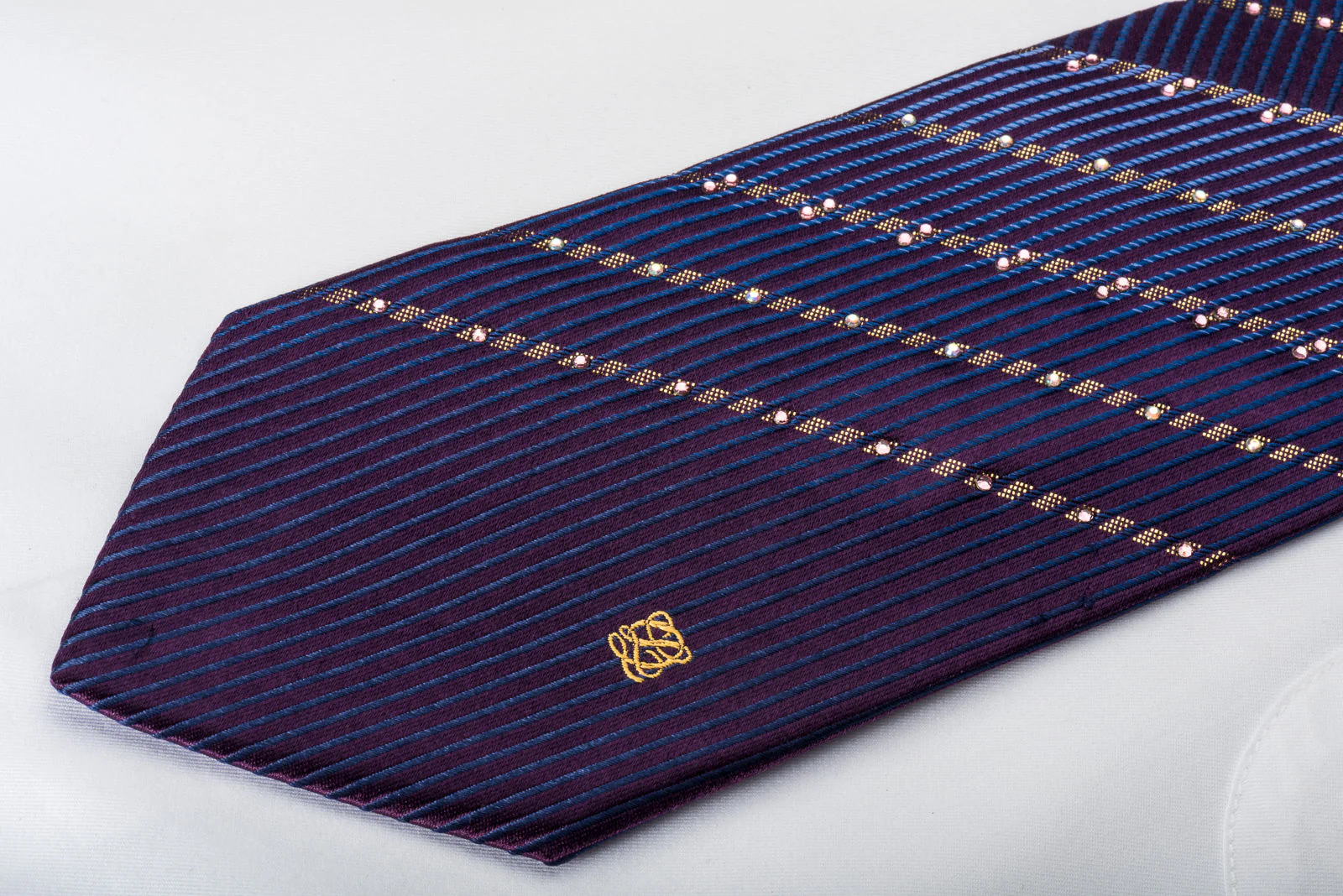 Louis Quatorze Rhinestone Silk Tie Sparkling Golden Striped On Blue Purple - Image 6