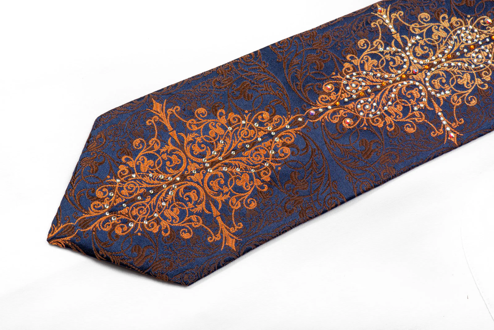 Louis Quatorze Rhinestone Tie Brown Orange Damask On Navy With Silver Sparkles - Image 3