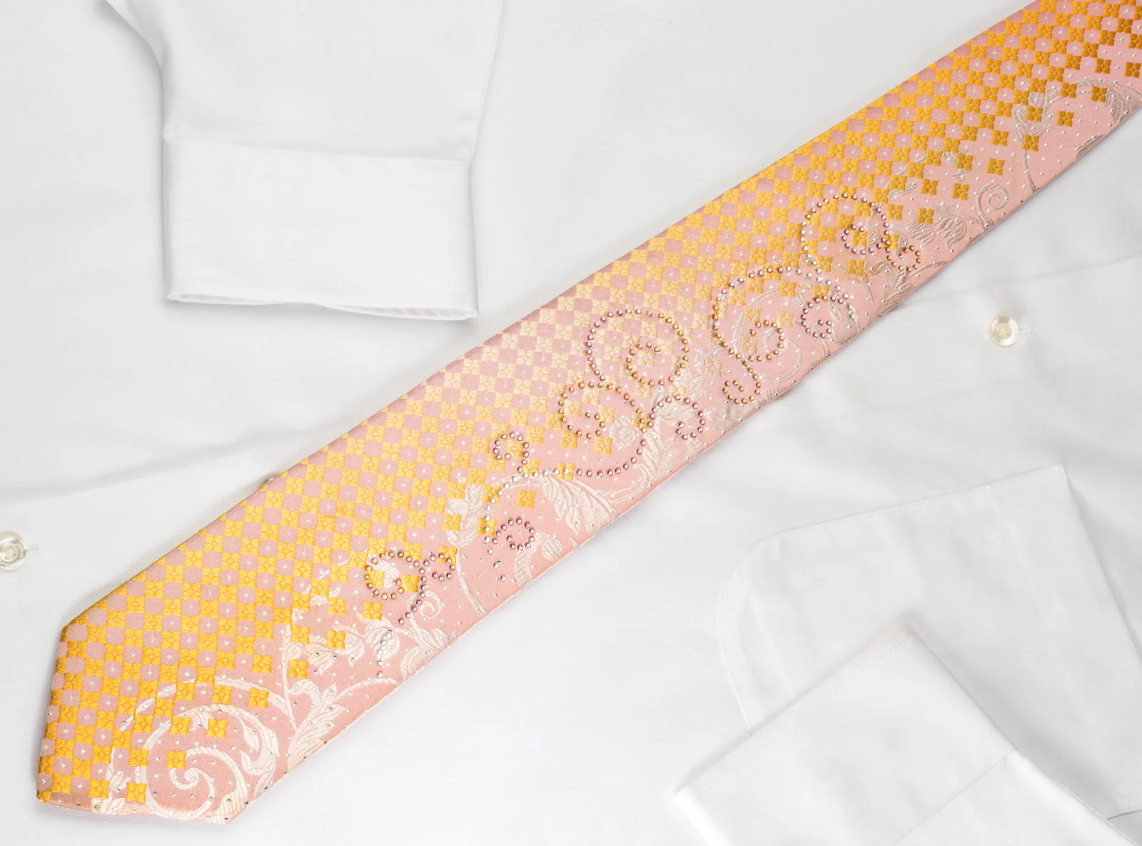 Louis Quatorze Rhinestone Tie Floral Scrolls On Yellow Pink Checker With Sparkles - Image 3