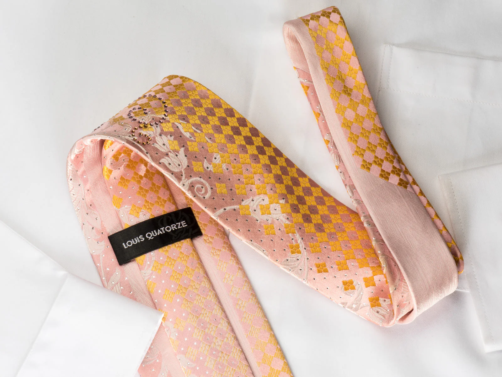 Louis Quatorze Rhinestone Tie Floral Scrolls On Yellow Pink Checker With Sparkles - Image 4