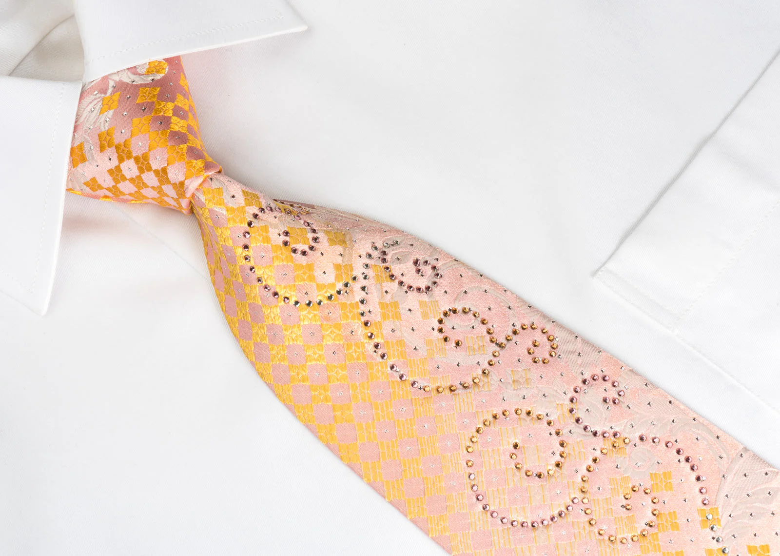 Louis Quatorze Rhinestone Tie Floral Scrolls On Yellow Pink Checker With Sparkles - Image 5