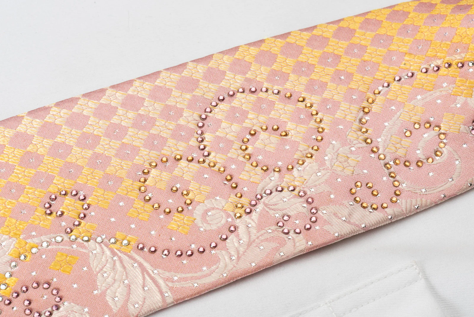 Louis Quatorze Rhinestone Tie Floral Scrolls On Yellow Pink Checker With Sparkles - Image 7