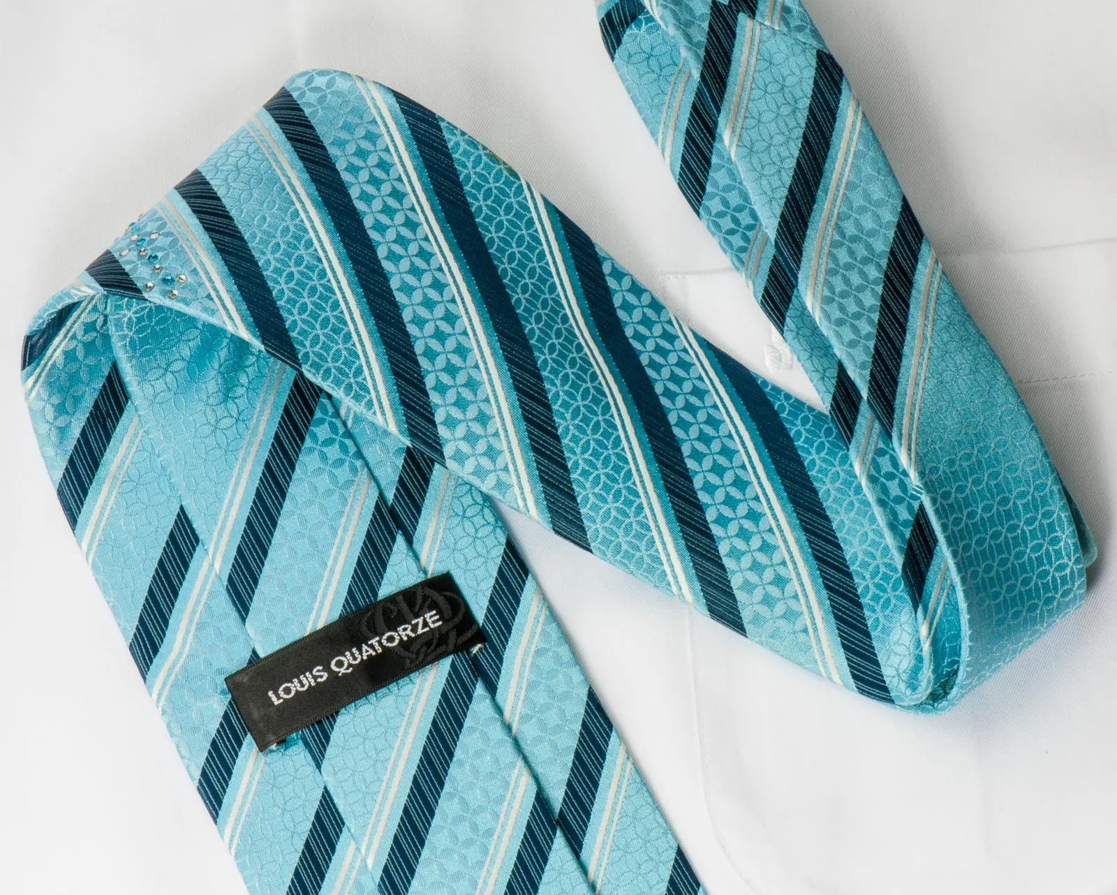 Louis Quatorze Silk Necktie Elegant Blue & White Stripes With Crystal Rhinestone - Image 3