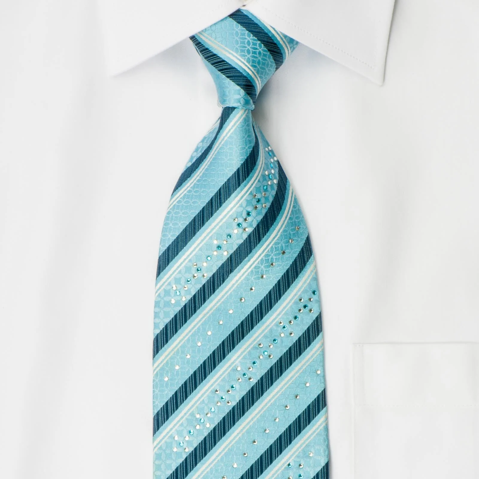 Louis Quatorze Silk Necktie Elegant Blue & White Stripes With Crystal Rhinestone - Image 5