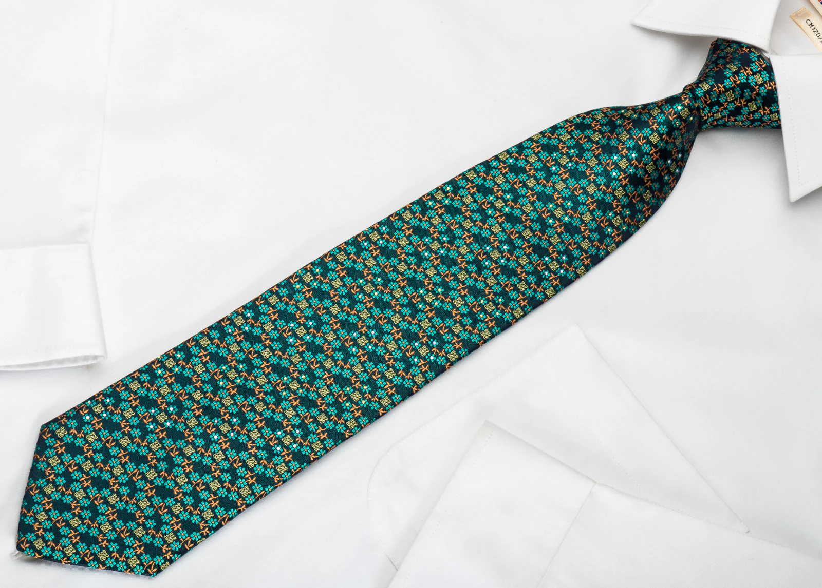 Louis Quatorze Silk Necktie Floral On Turquoise Sparkling With Rhinestones - Image 6