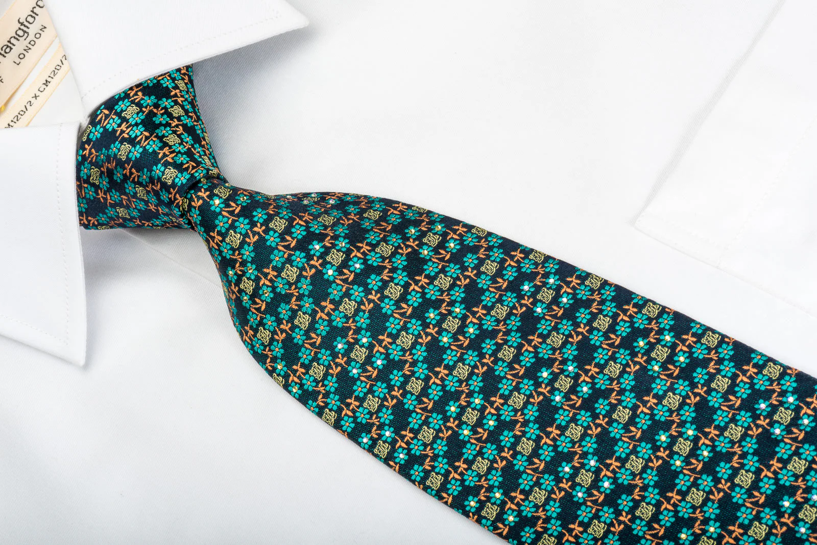 Louis Quatorze Silk Necktie Floral On Turquoise Sparkling With Rhinestones - Image 7