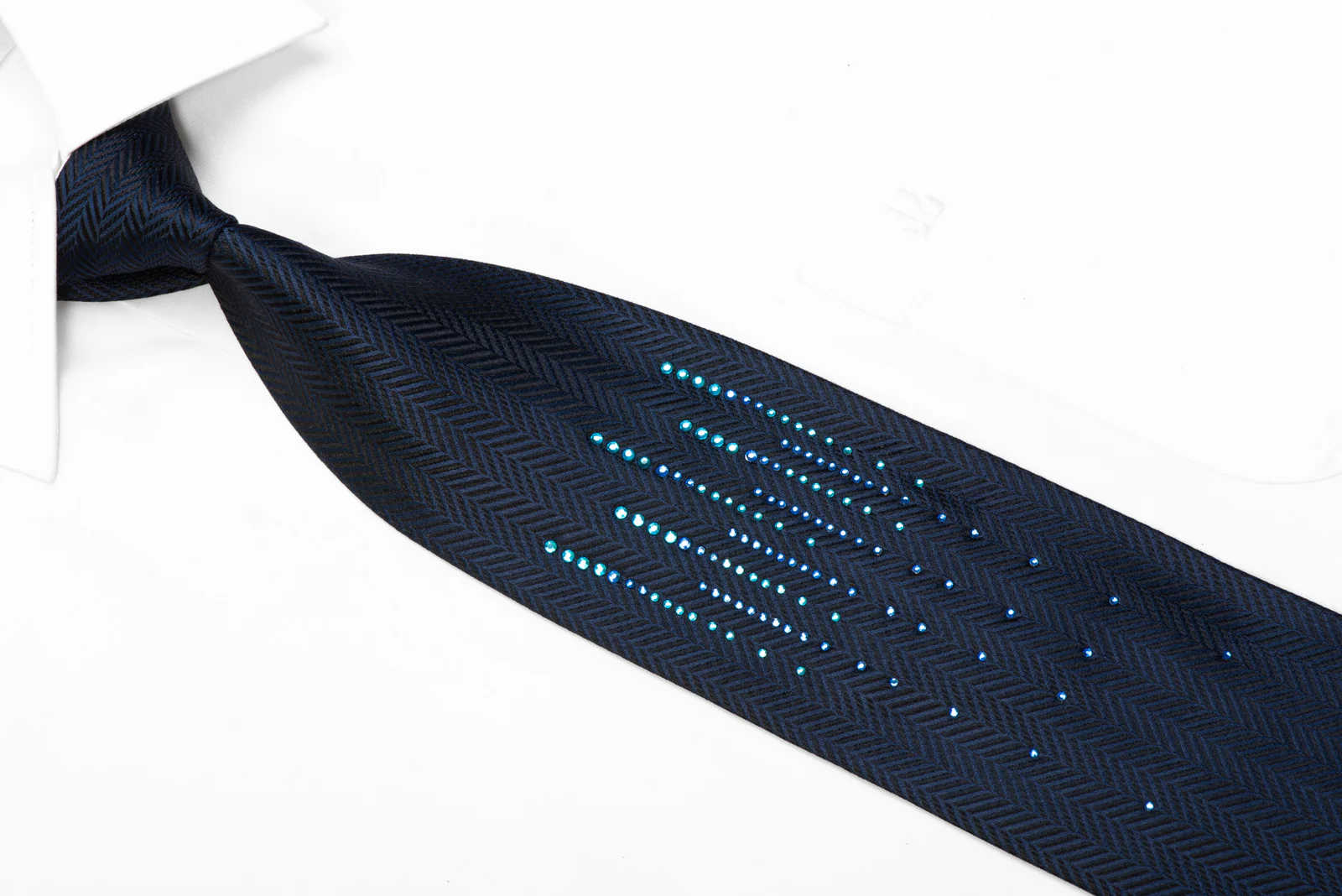Louis Quatorze Silk Necktie Herringbone Vertical Rhinestones On Navy - Image 2
