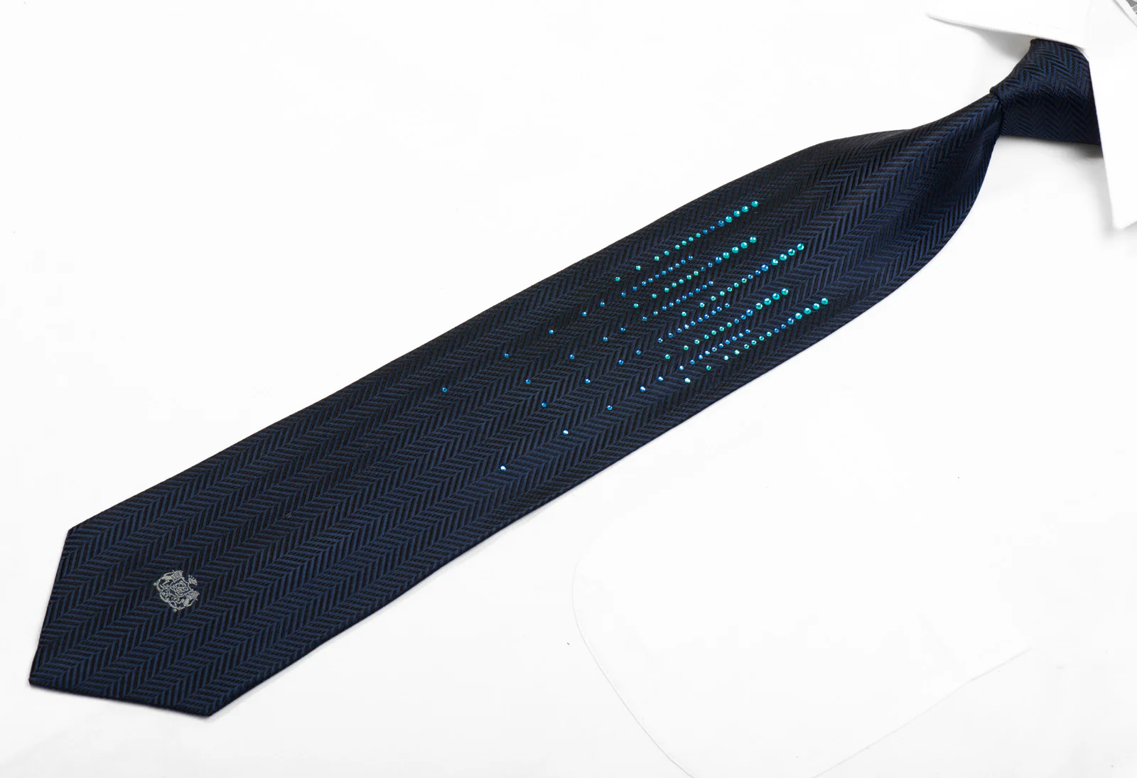 Louis Quatorze Silk Necktie Herringbone Vertical Rhinestones On Navy - Image 3