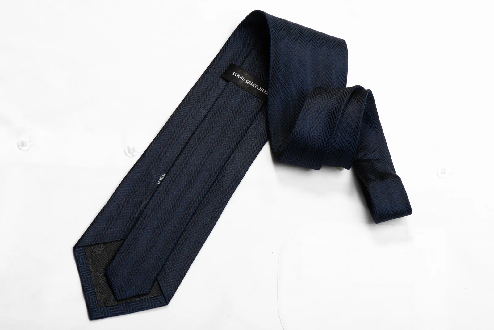 Louis Quatorze Silk Necktie Herringbone Vertical Rhinestones On Navy - Image 4