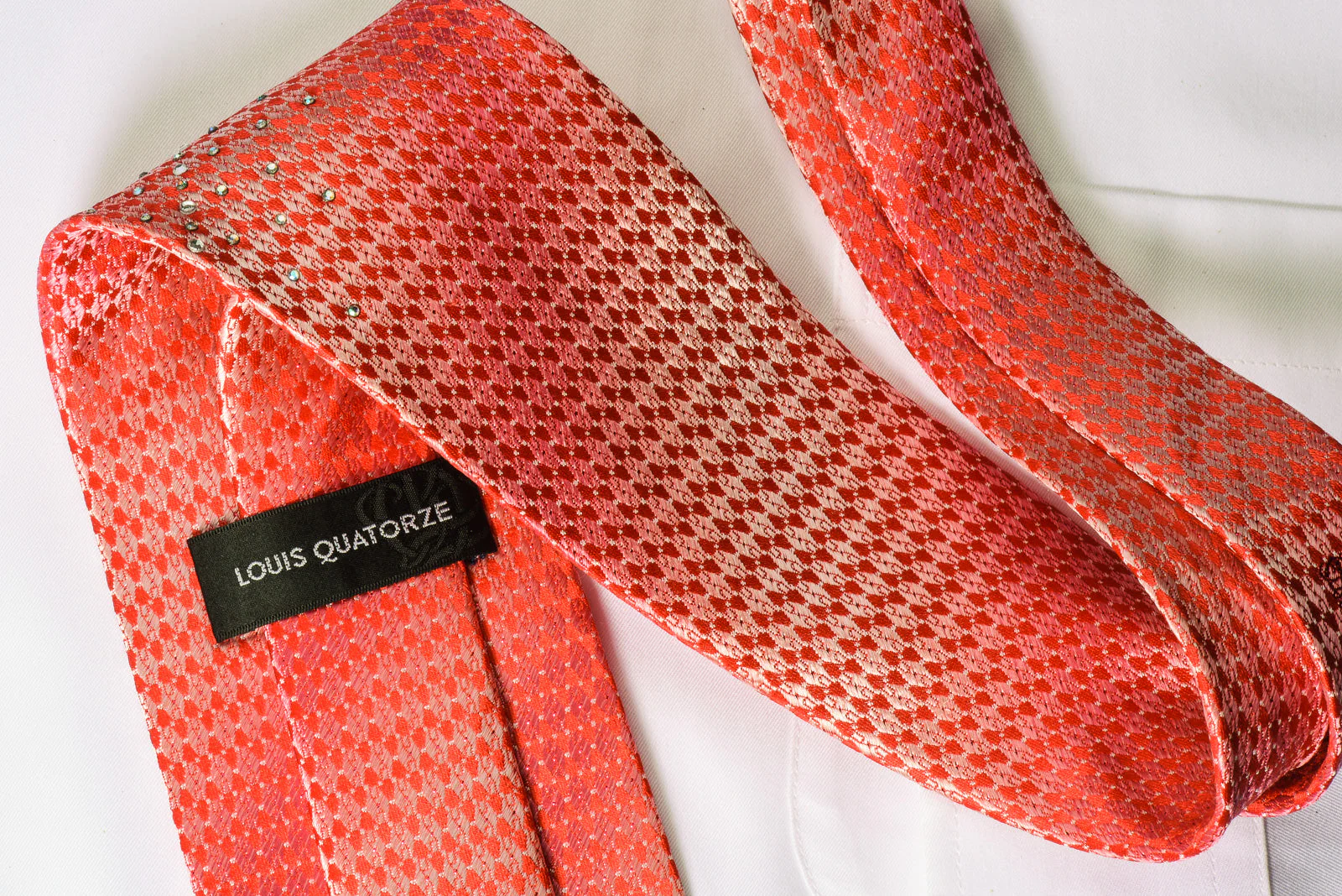 Louis Quatorze Silk Rhinestone Necktie Geometric On Red With Red Sparkles - Image 3