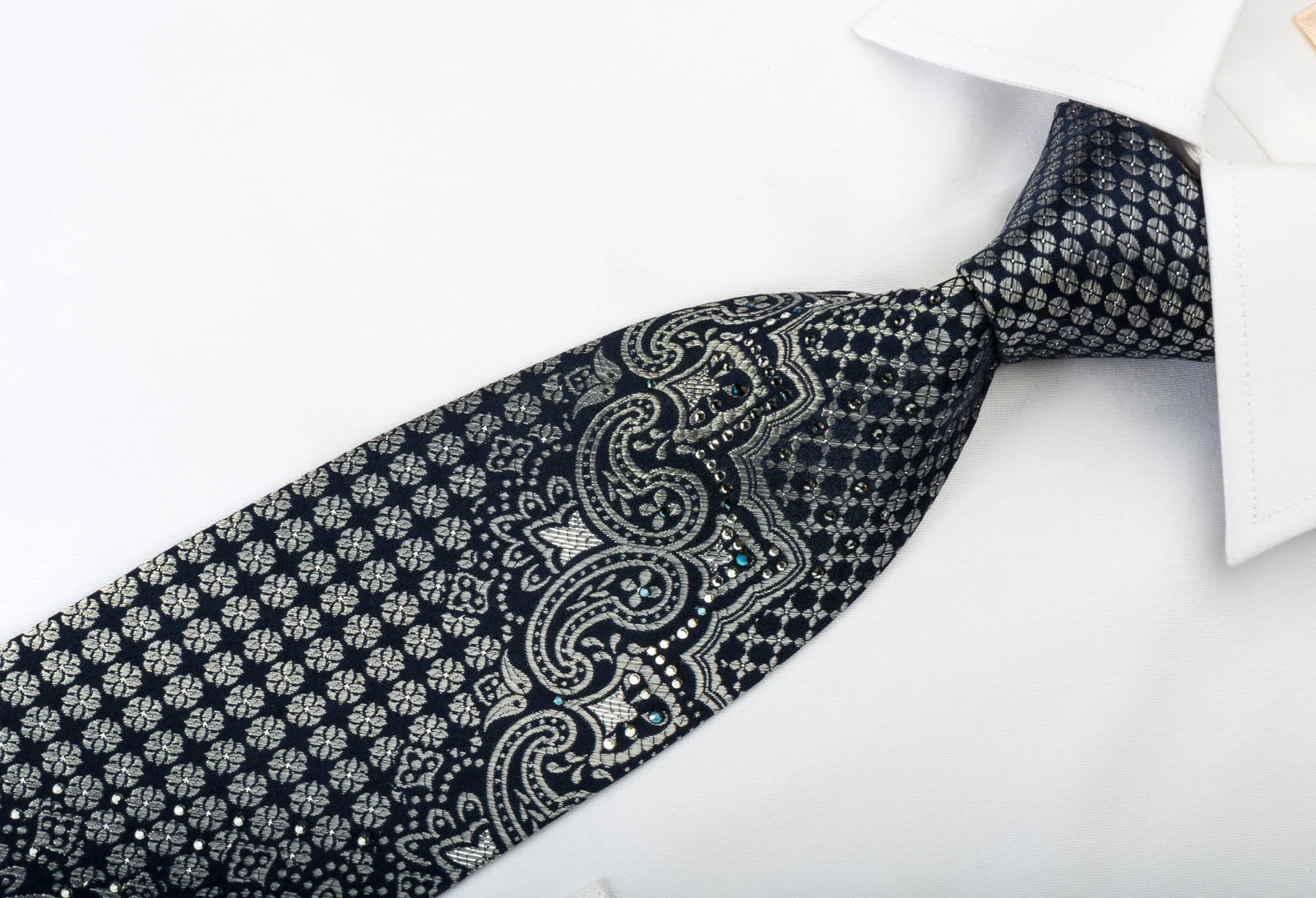 Louis Quatorze Silk Rhinestone Tie Silver Cartouche On Black With Silver Sparkles - Image 5