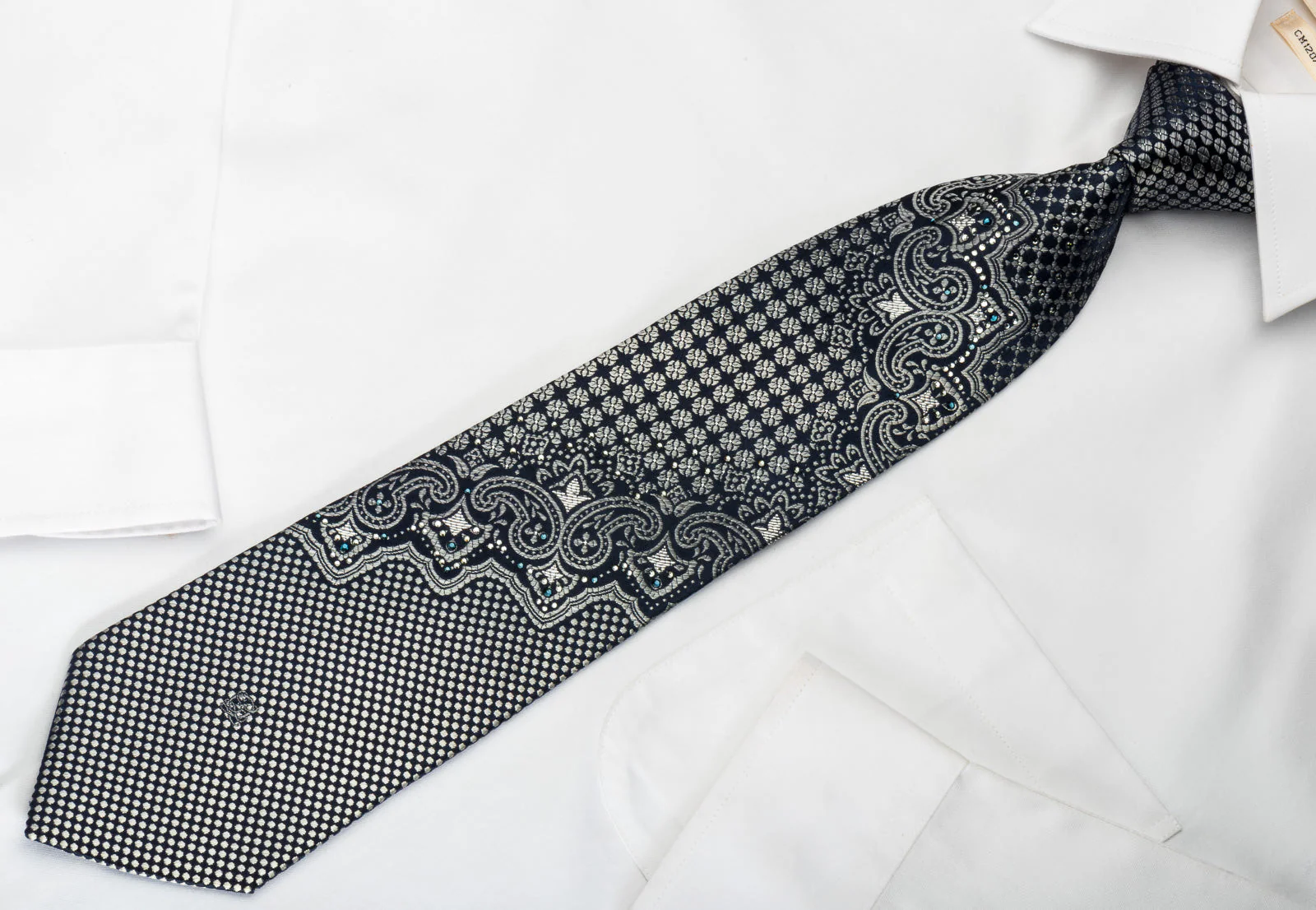 Louis Quatorze Silk Rhinestone Tie Silver Cartouche On Black With Silver Sparkles - Image 8