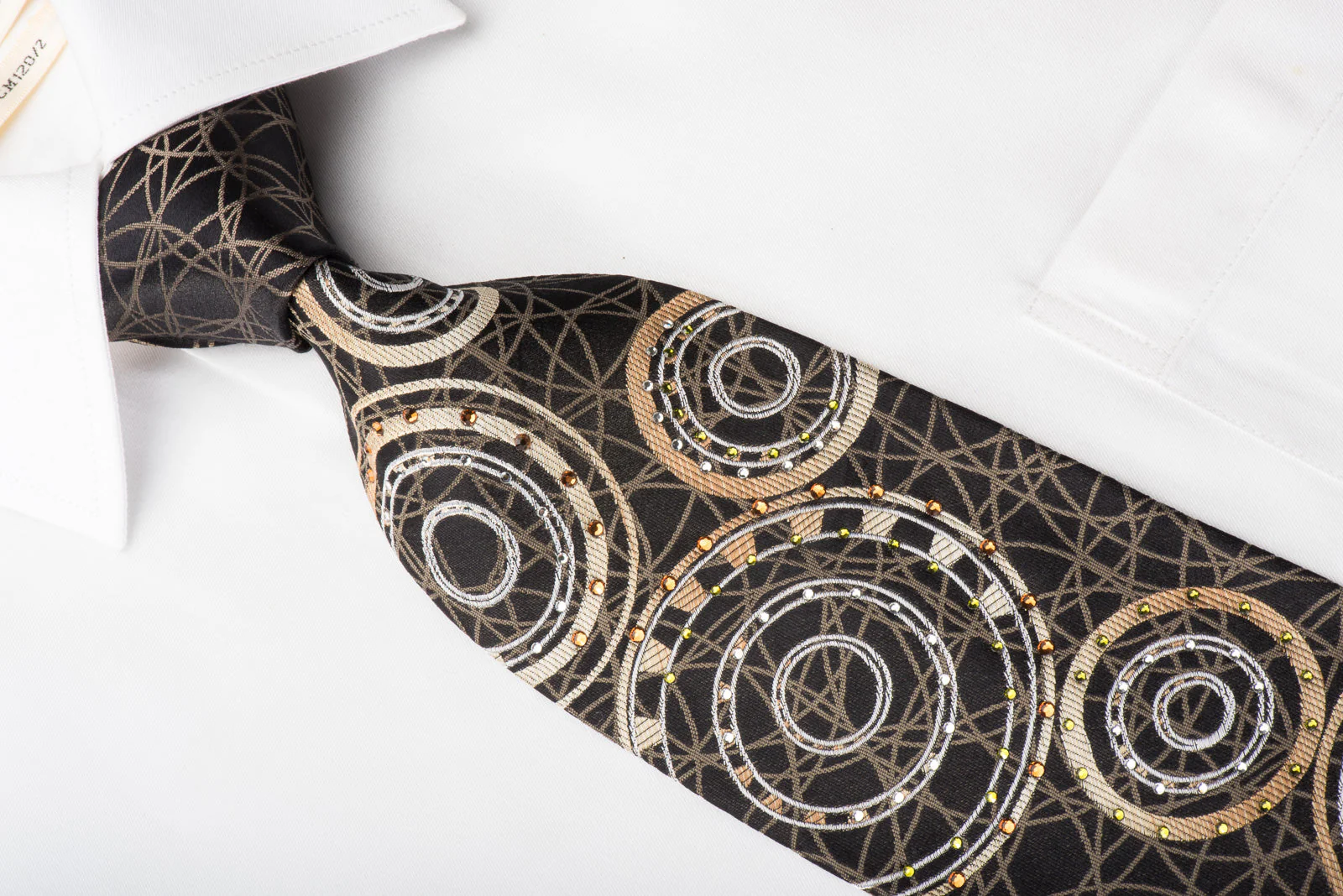 Louis Quatorze Silk Tie Swarovski  Rhinestones & Geometric Design On Dark Brown - Image 3