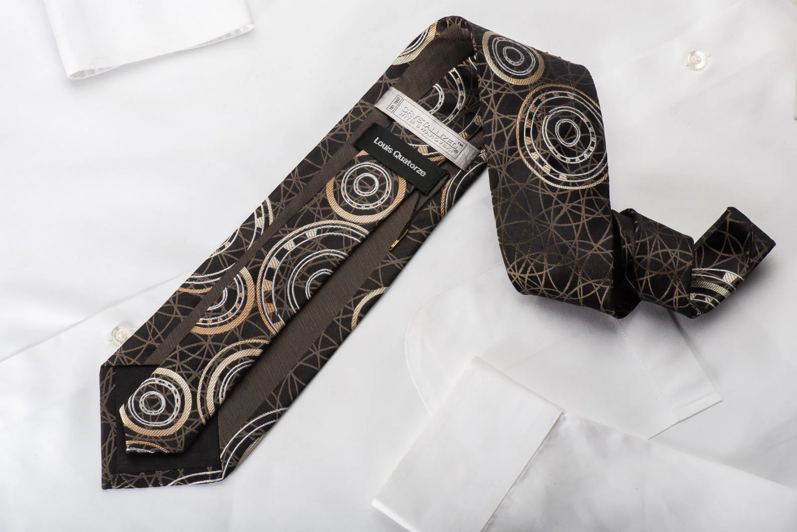 Louis Quatorze Silk Tie Swarovski  Rhinestones & Geometric Design On Dark Brown - Image 4