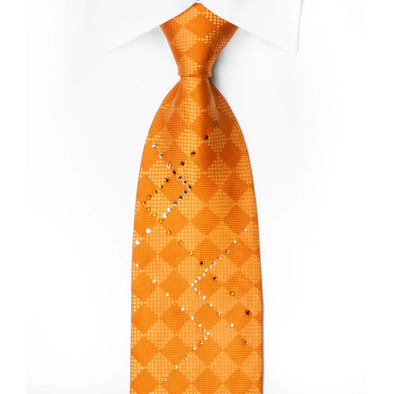 Louis Quatorze Swarovski Rhinestone Silk Tie Woven Orange Checker Design