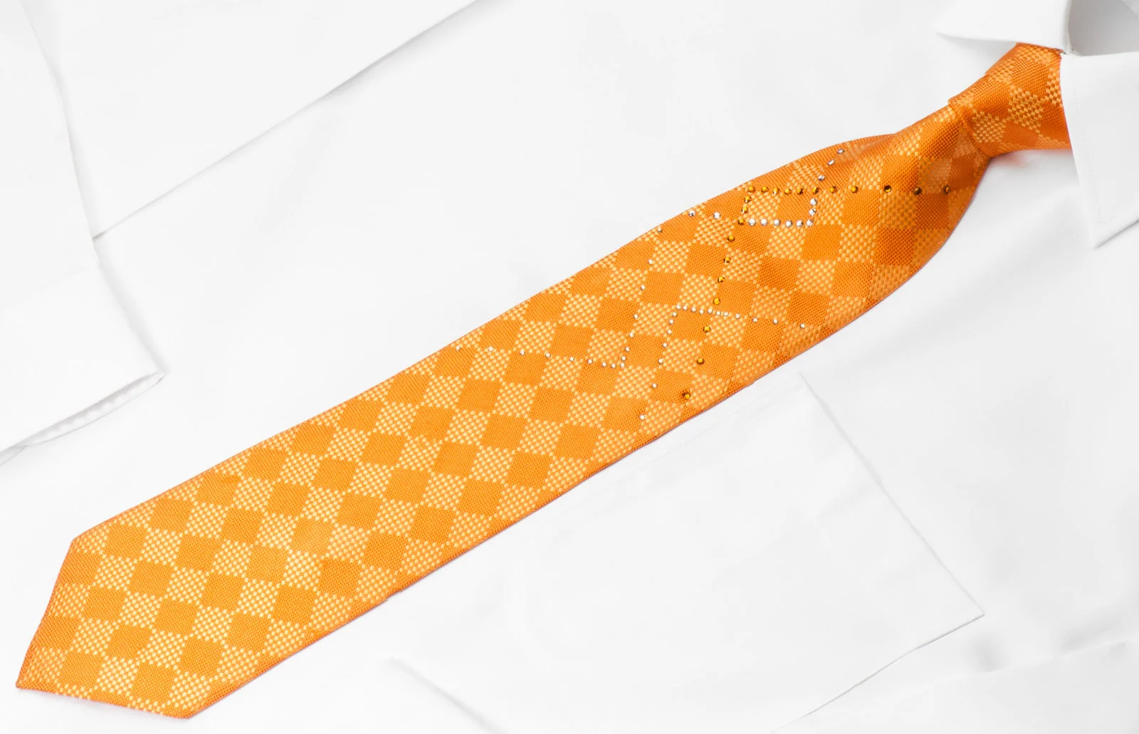 Louis Quatorze Swarovski Rhinestone Silk Tie Woven Orange Checker Design - Image 4