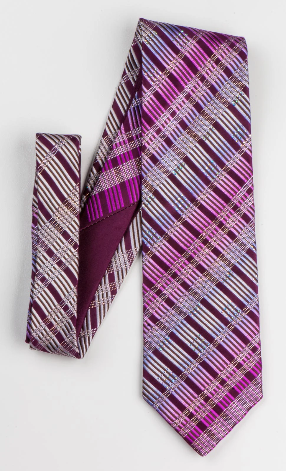 Louis Quatorze Woven Silk Neck Tie Purple Silver Checked With Rhinestones - Image 2