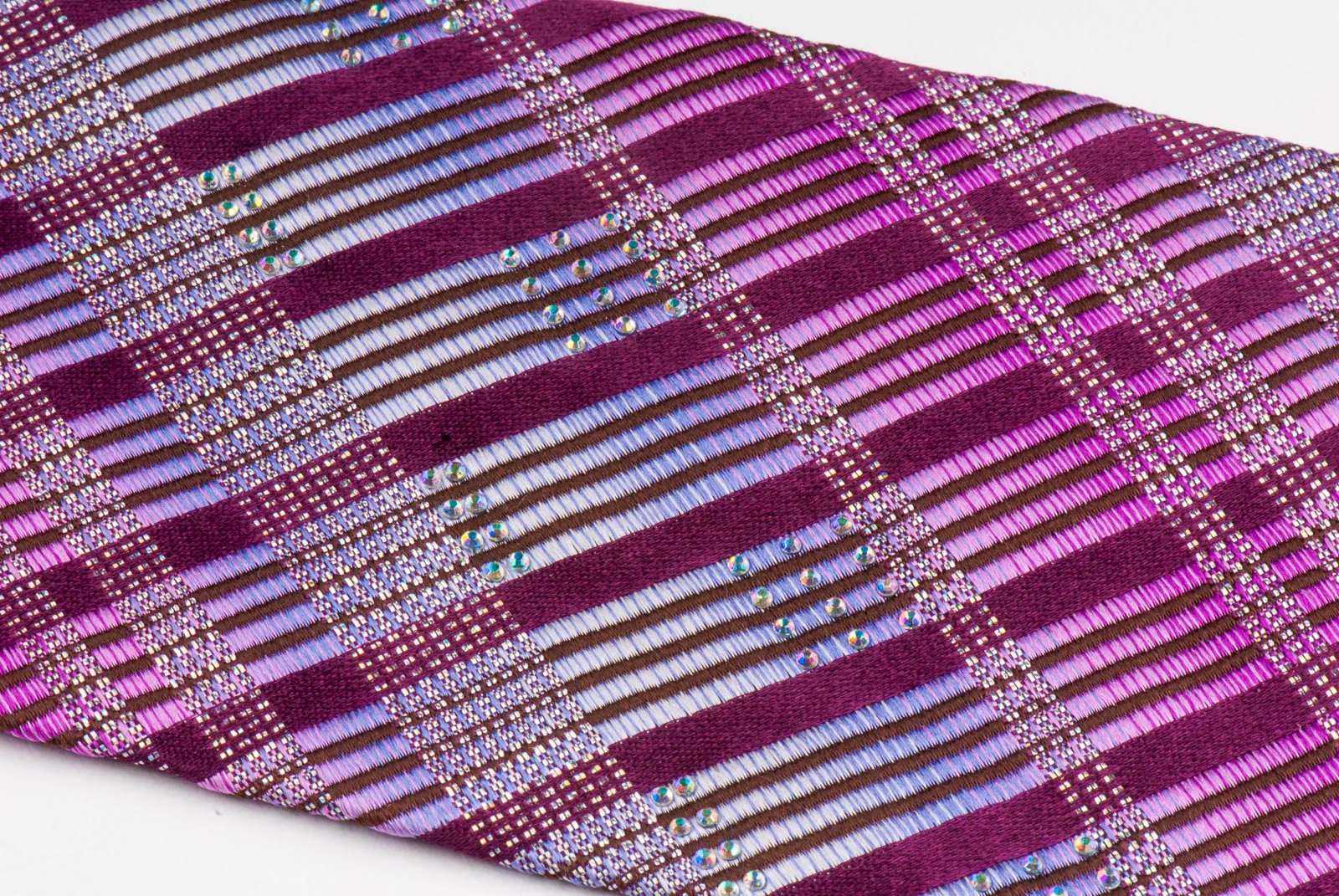 Louis Quatorze Woven Silk Neck Tie Purple Silver Checked With Rhinestones - Image 6
