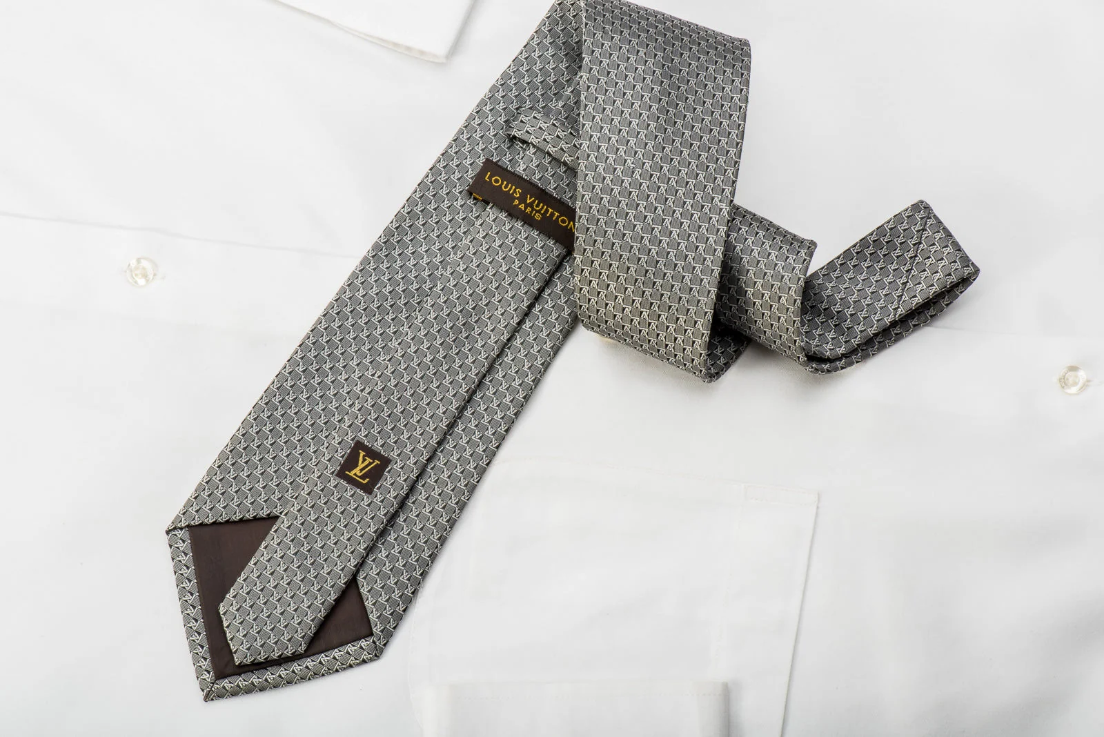 Louis Vuitton Silk Tie Silver Monogram On Black - Image 2
