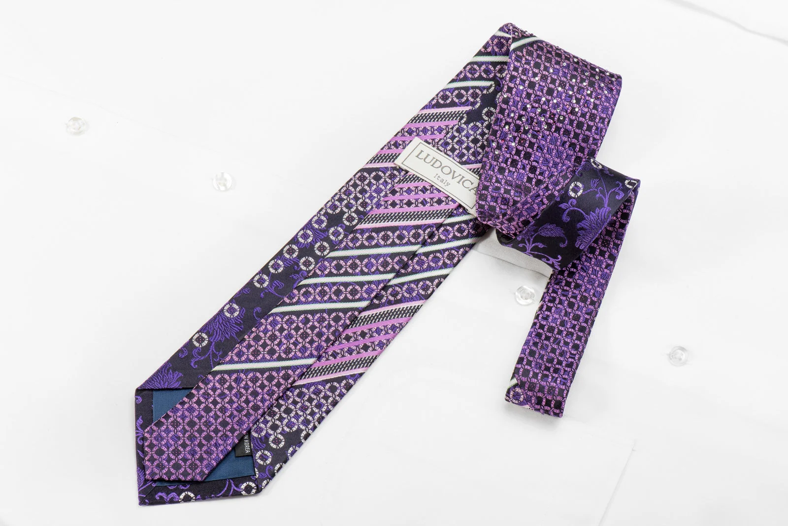 Ludovica Men's Crystal Silk Tie Striped & Purple Floral On Navy With Sparkles - Image 3