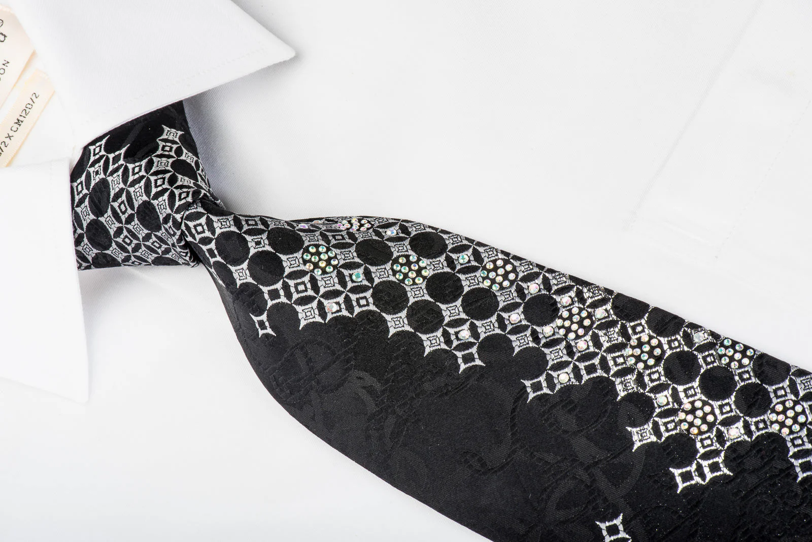 Ludovica Rhinestone Silk Necktie Silver Geometric On Black With Silver Sparkles - Image 2