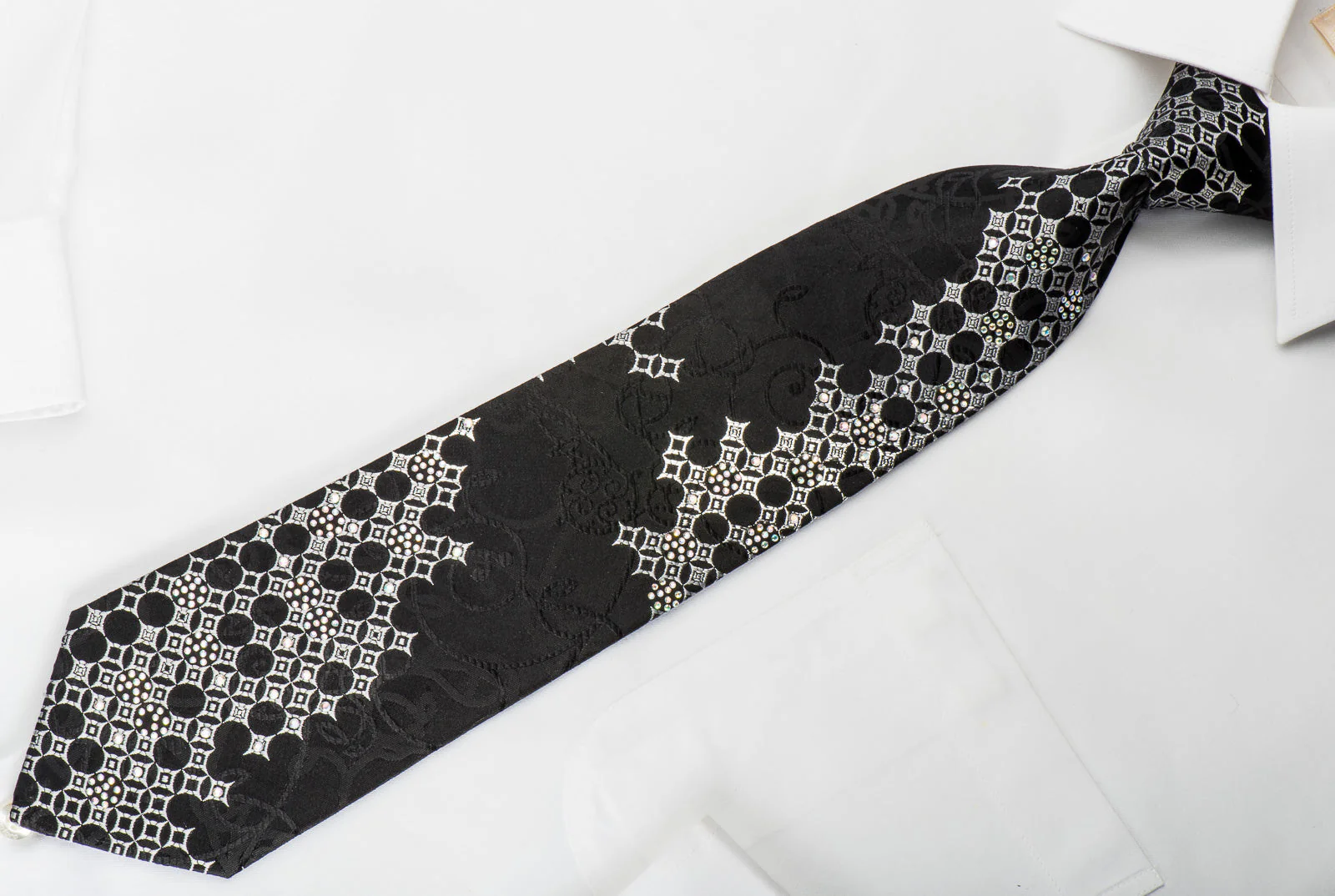 Ludovica Rhinestone Silk Necktie Silver Geometric On Black With Silver Sparkles - Image 3