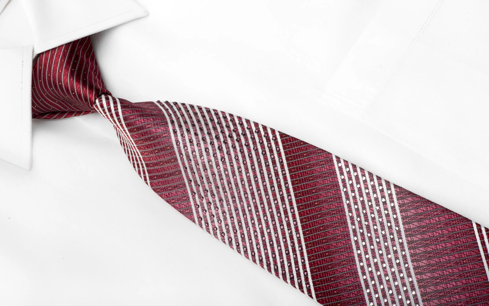 M Clou Uomo Men's Crystal Rhinestone Tie White Striped On Burgundy With Sparkles - Image 2
