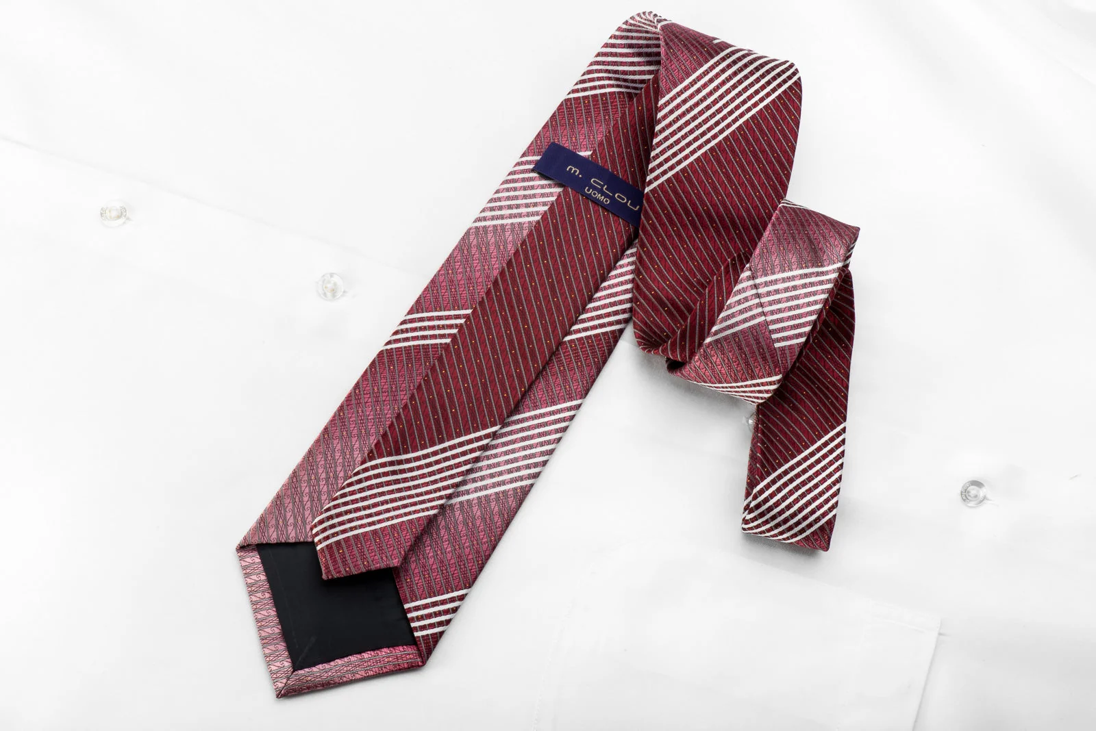 M Clou Uomo Men's Crystal Rhinestone Tie White Striped On Burgundy With Sparkles - Image 4