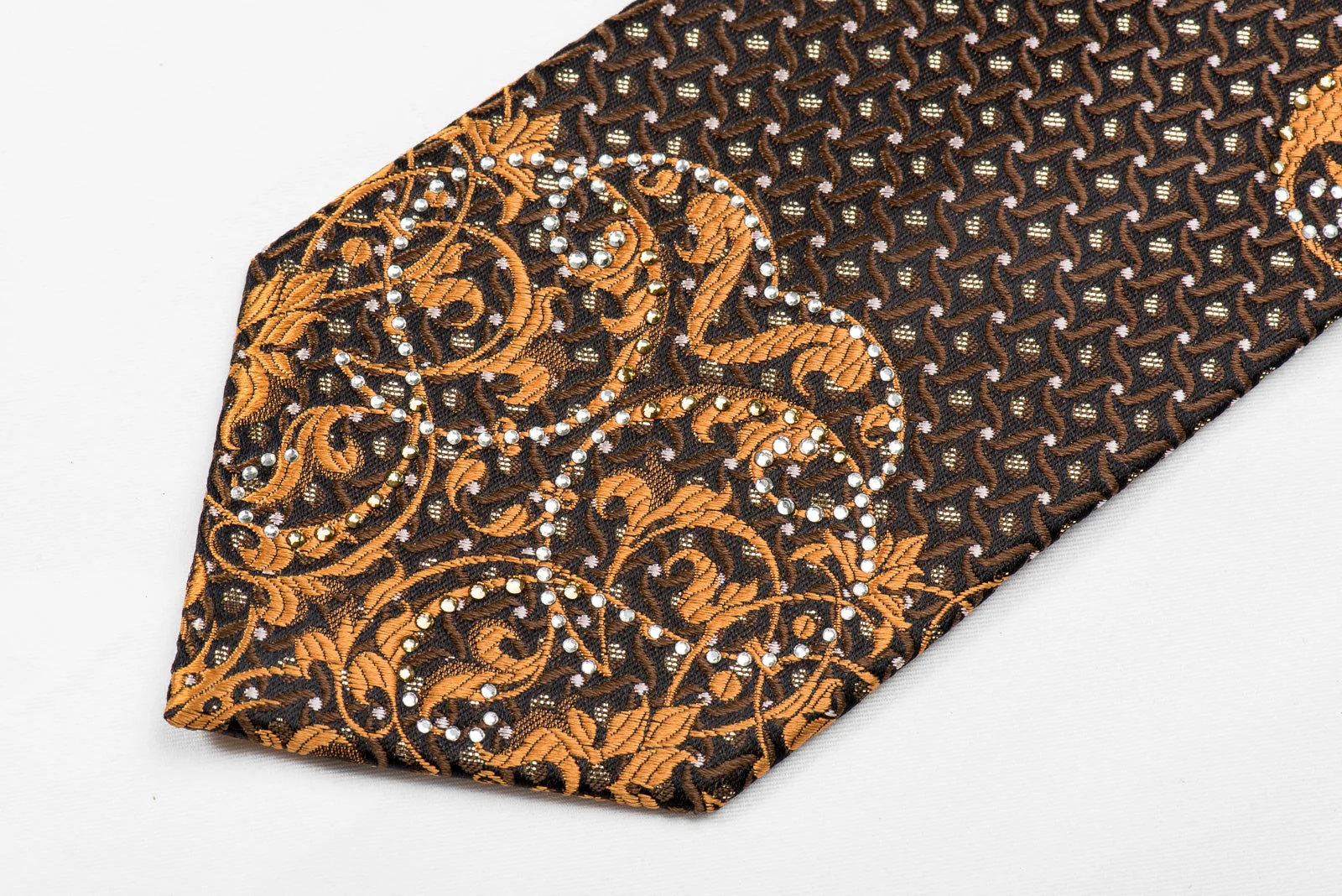 M Story Men's Crystal Silk Necktie Silver Orange Damask On Black With Sparkles - Image 4