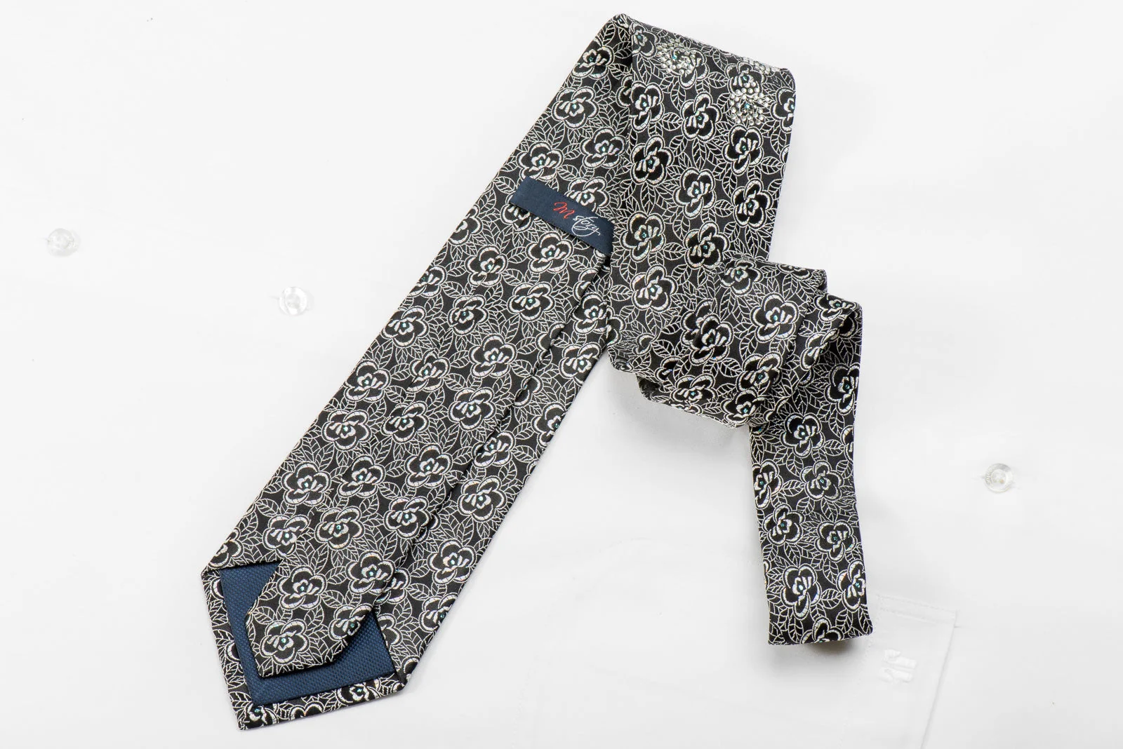 M-Story Men's Crystal Tie Silver Floral On Black With Silver Sparkles - Image 4